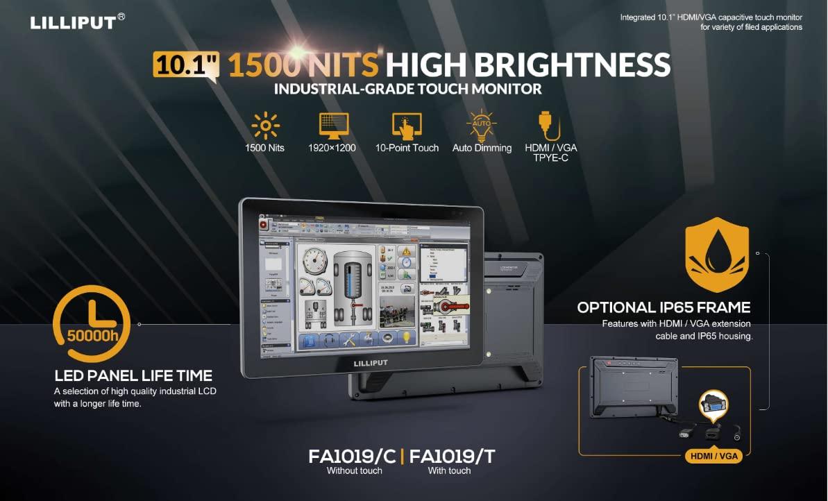 LILLIPUT LILLIPUT FA1019/C 10.1\" 1500 NITS high brightness FHD 1000:1 HDMI/VGA Supports 4K 30Hz with Flip image function for Teleprompter (FA1019/C -Standard version with HDMI and VGA -no IP rating)