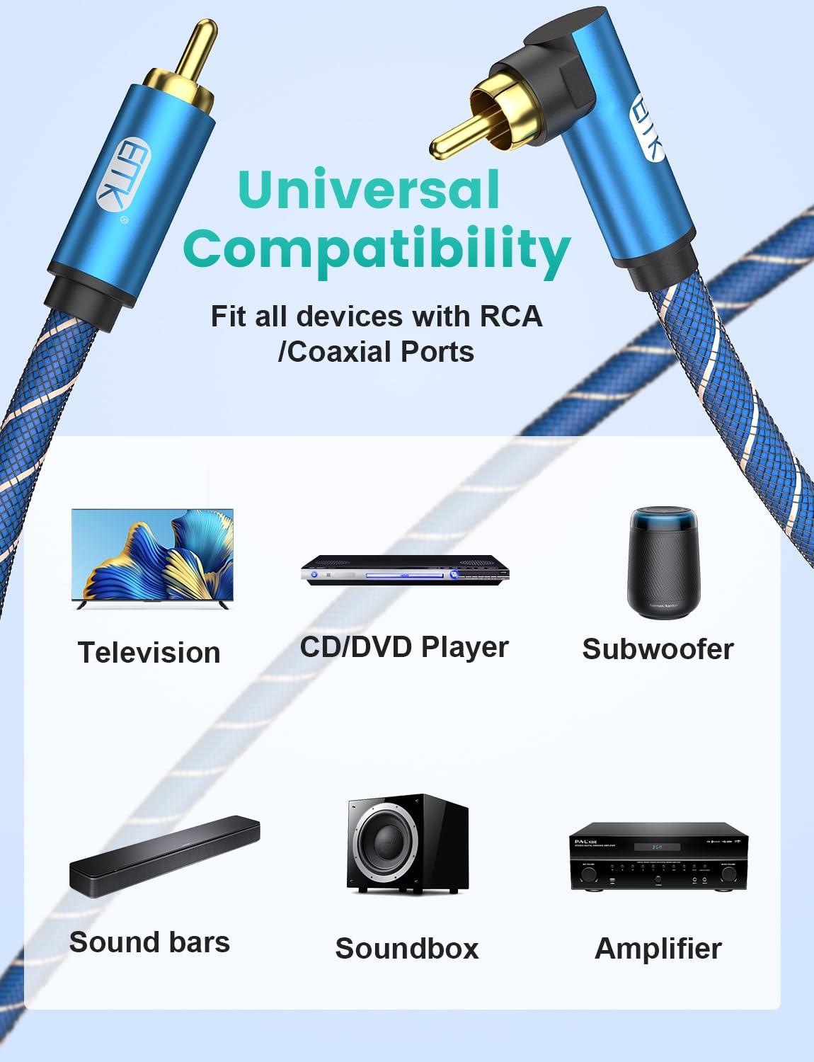 EMK EMK 90 Degree Subwoofer Cable, RCA Cable Male to Male Digital Coaxial Audio Cable for Subwoofer, TV, Sound Bars, Amplifier,Speaker and More-Blue (90 Degree to Straight(1 Pack), 5FT/1.5M)