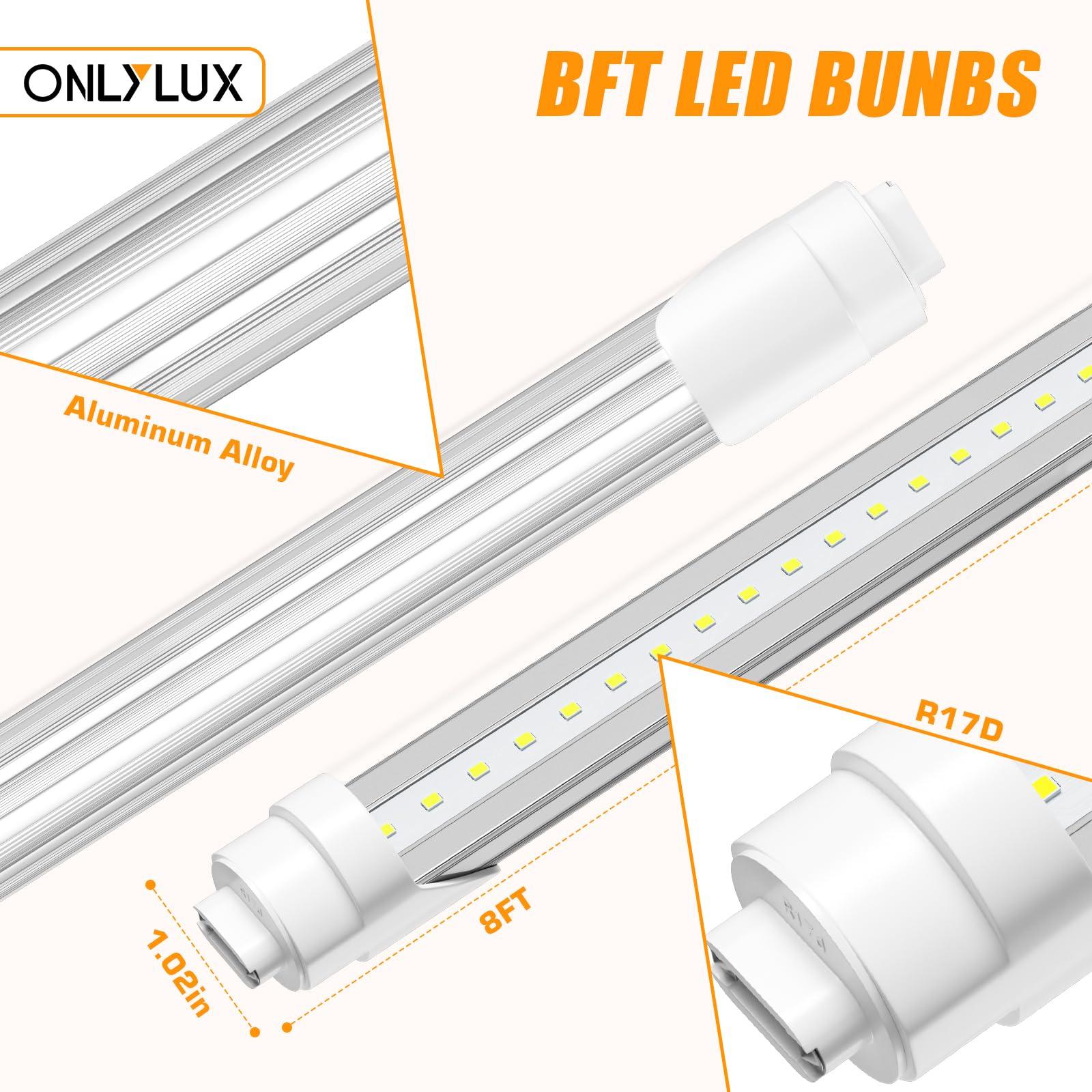 ONLYLUX ONLYLUX 8ft R17D LED Tube Light, F96t12 HO 8 Foot Led Bulbs, 96\'\' 8ft led Shop Light to Replace T8 T12 Fluorescent Light Bulbs, 100-277V Input, 4800LM, Cold White 6000K, Clear Lens (10 Pack)