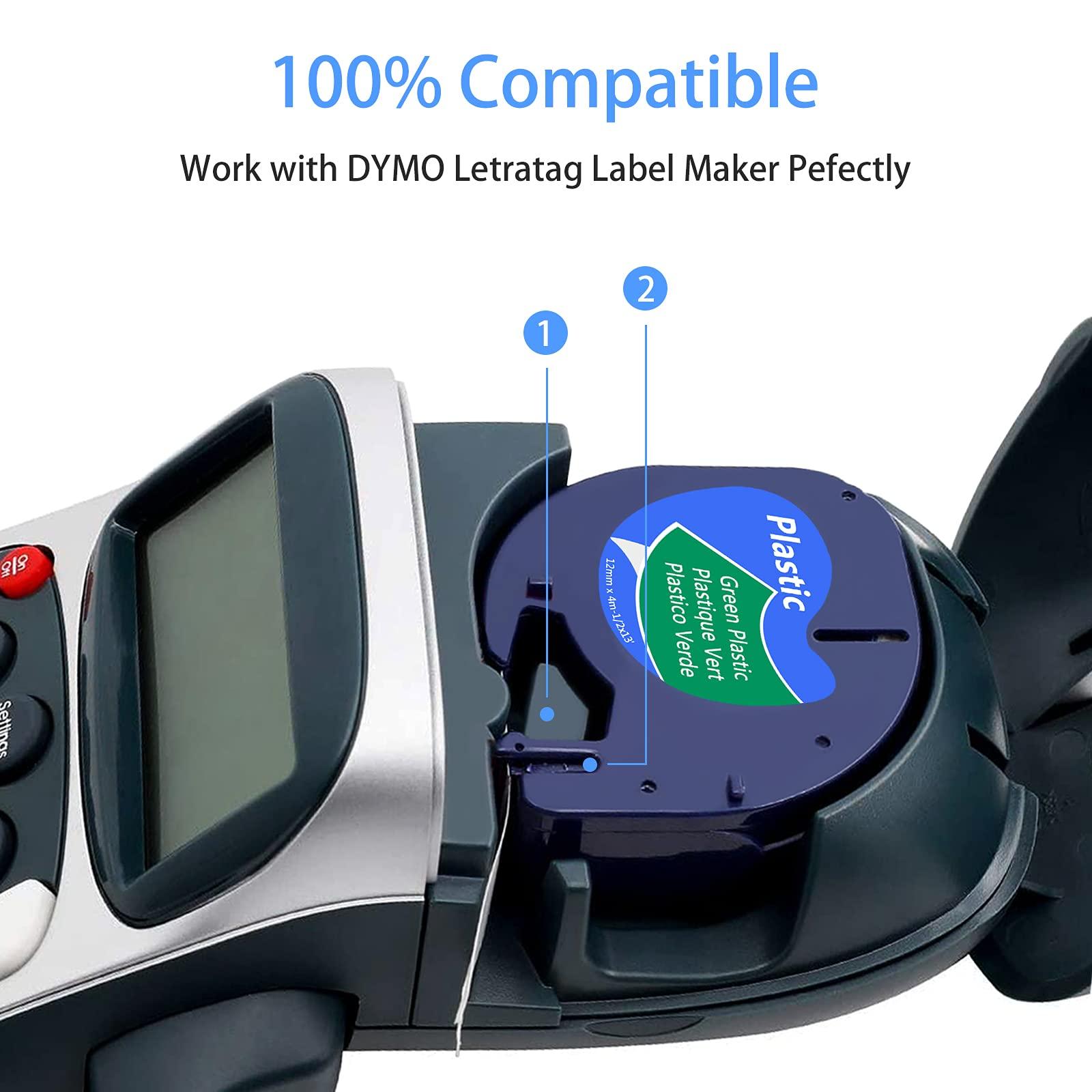 greencycle GREENCYCLE Compatible for Dymo LT 91334 (S0721640) Plastic Label Tape Refills Black on Green 12mm 1/2\" X 4m 13 ft Self-Adhesive Label Maker Tape for LetraTag LT-100T LT-100H QX50 2000 XR, 2 Pack