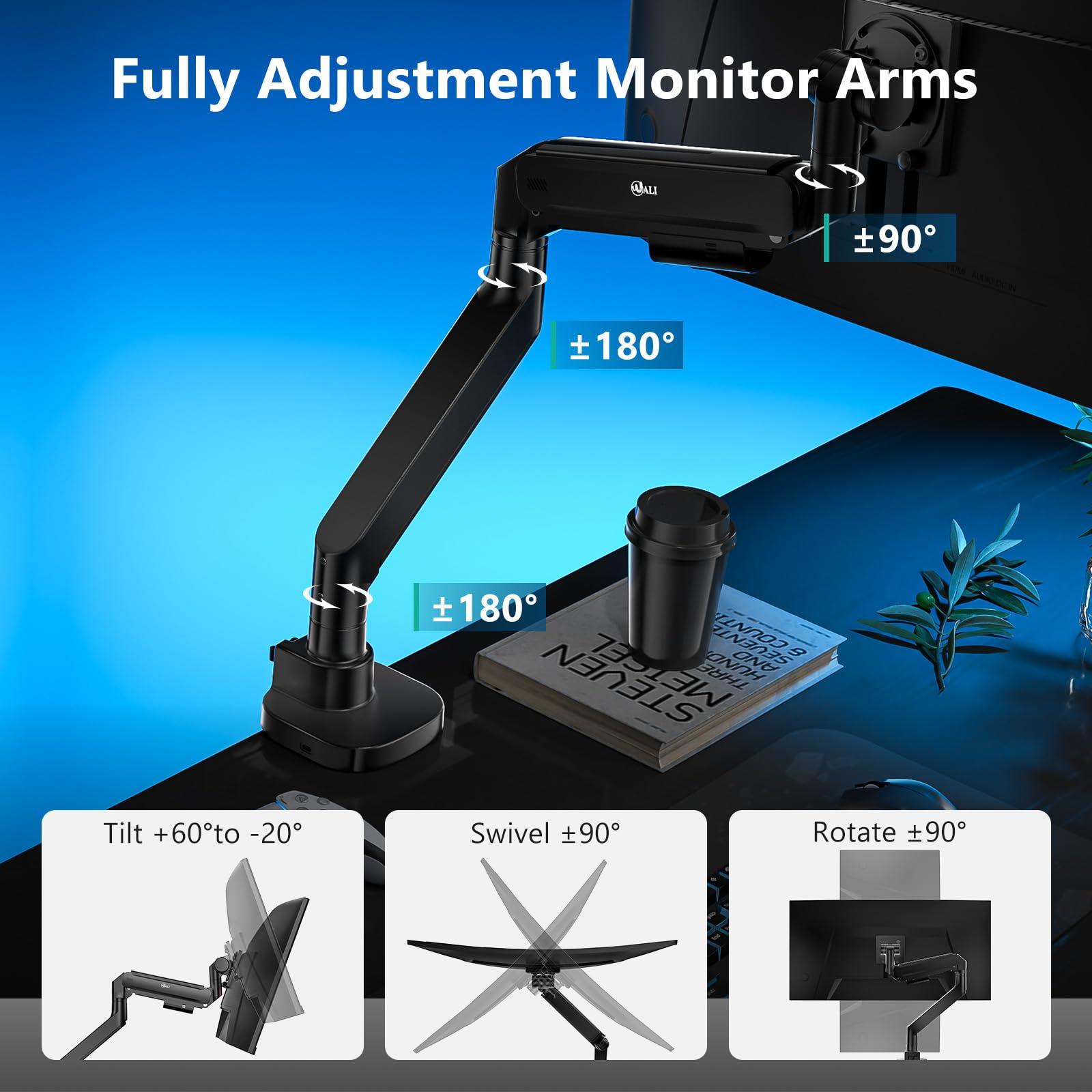 WALI WALI 24-57" Monitor Arm, Heavy Duty Gas Spring Desk Mount for Ultrawide Flat and Curved Screen Up to 59.4lbs, VESA 75x75 to 200x200 (GSMU001XL-P), Black