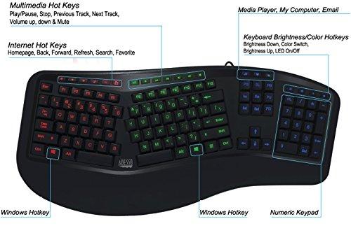 Adesso Adesso Tru-Form 150 3-Color Illuminated Ergonomic Keyboard AKB-150EB