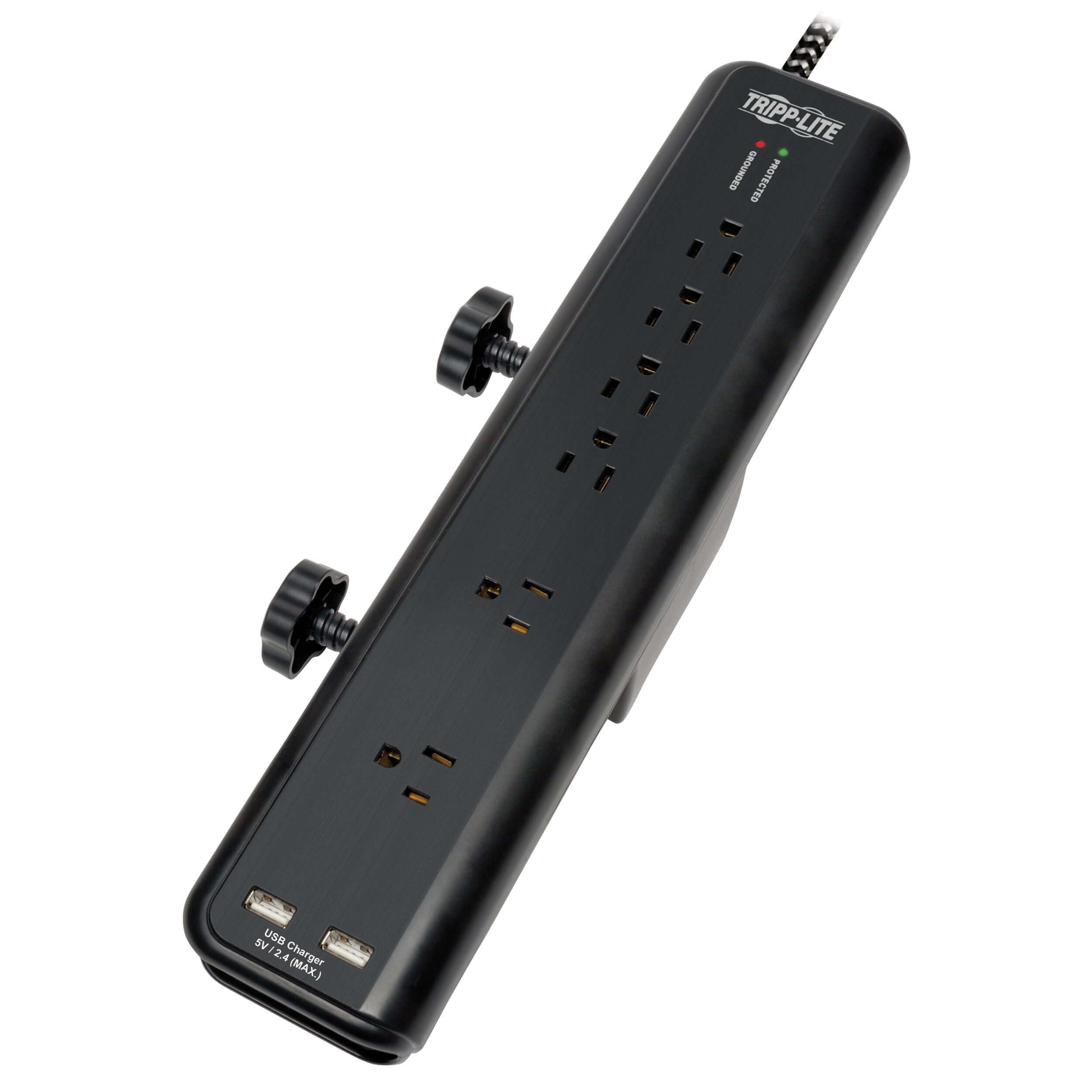 Tripp Lite Tripp Lite Desk Clamp Surge Protector Power Strip, 6-Outlets & 2 USB, Microbrial Resistant, 8 ft Braided Cord, 2100 Joules, 1875W, 40,000 Insurance & Lifetime Manufacturer's Warranty (TLP608DMUAM)