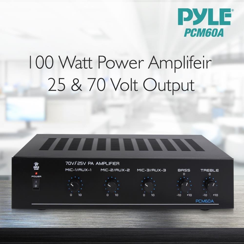 Pyle Pyle Compact Mini Home Power Amplifier - 100W Smart Indoor Audio Stereo Receiver w/ RCA, 3 Microphone IN, AUX, 25/70V Outputs, LED, Input Selector, For PA, Amplified Speaker Sound System PCM60A Black