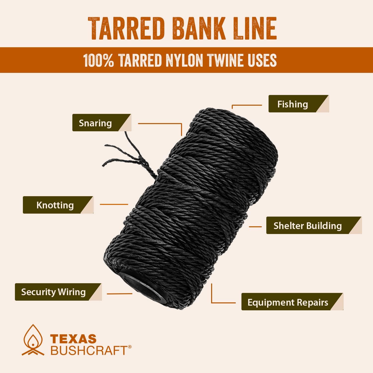Texas Bushcraft Texas Bushcraft Tarred Bank Line Twine - #36 Black Nylon String for Fishing, Camping and Outdoor Survival Strong, Weather Resistant Bankline Cordage for Trotline (1/4 lb - #36 (131 ft), Braided)