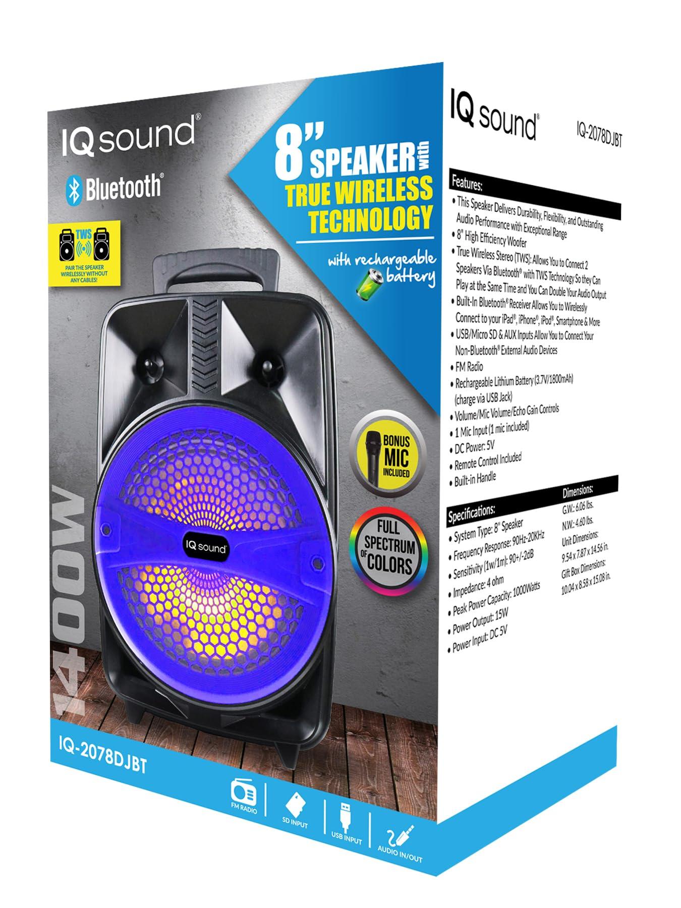 Supersonic IQ Sound IQ-2078DJBT 8-inch Portable Bluetooth Woofer Speaker, 1000W Peak Power, USB/SD, FM Radio, Rechargeable Battery, Mic Input, and Remote Control, AC/DC, Rechargeable Battery, and Remote (Blue)