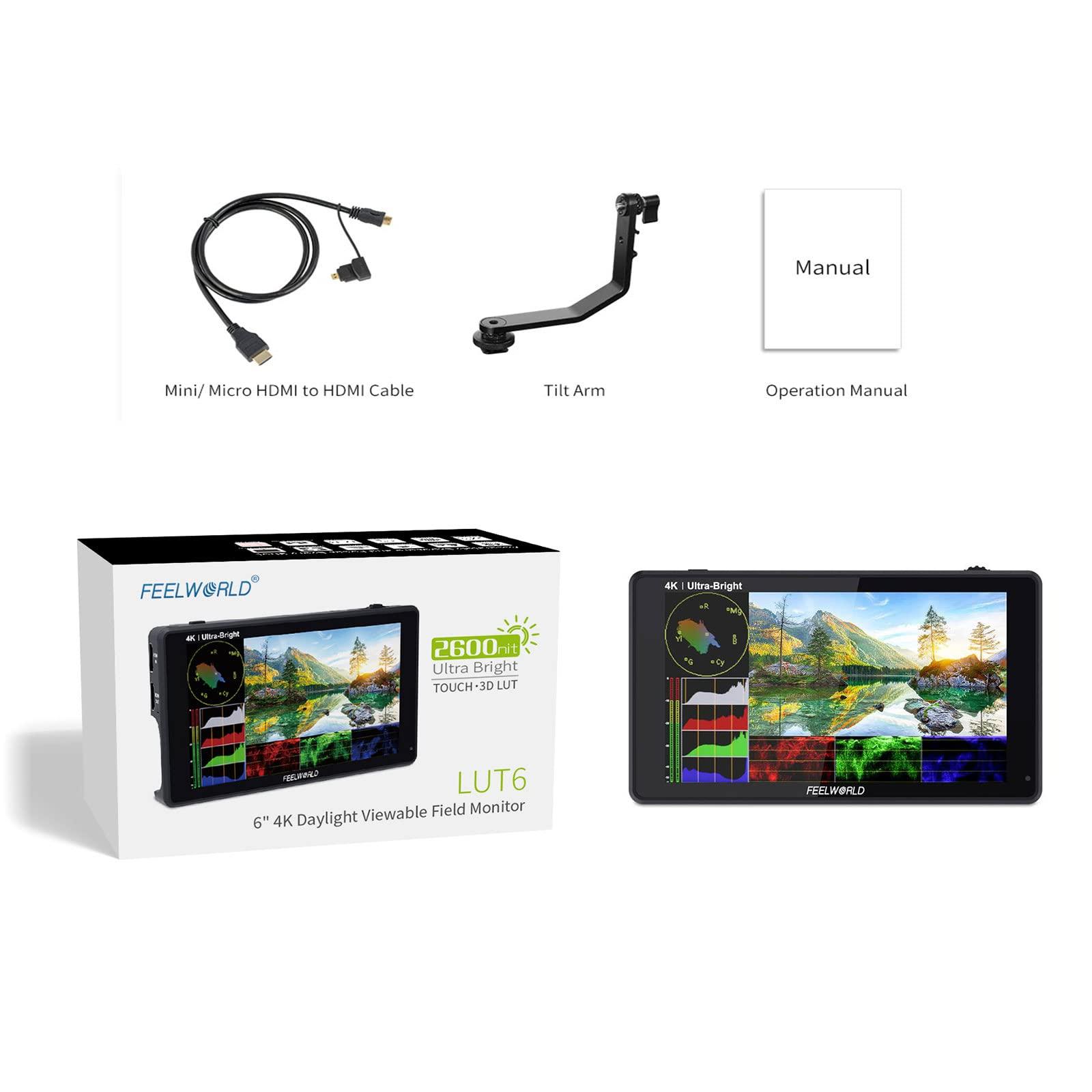 FEELWORLD FEELWORLD LUT6 6 Inch Ultra Bright 2600nits HDR/3D LUT Touch Screen DSLR Camera Field Monitor with Waveform VectorScope Histogram 4K HDMI Input Output