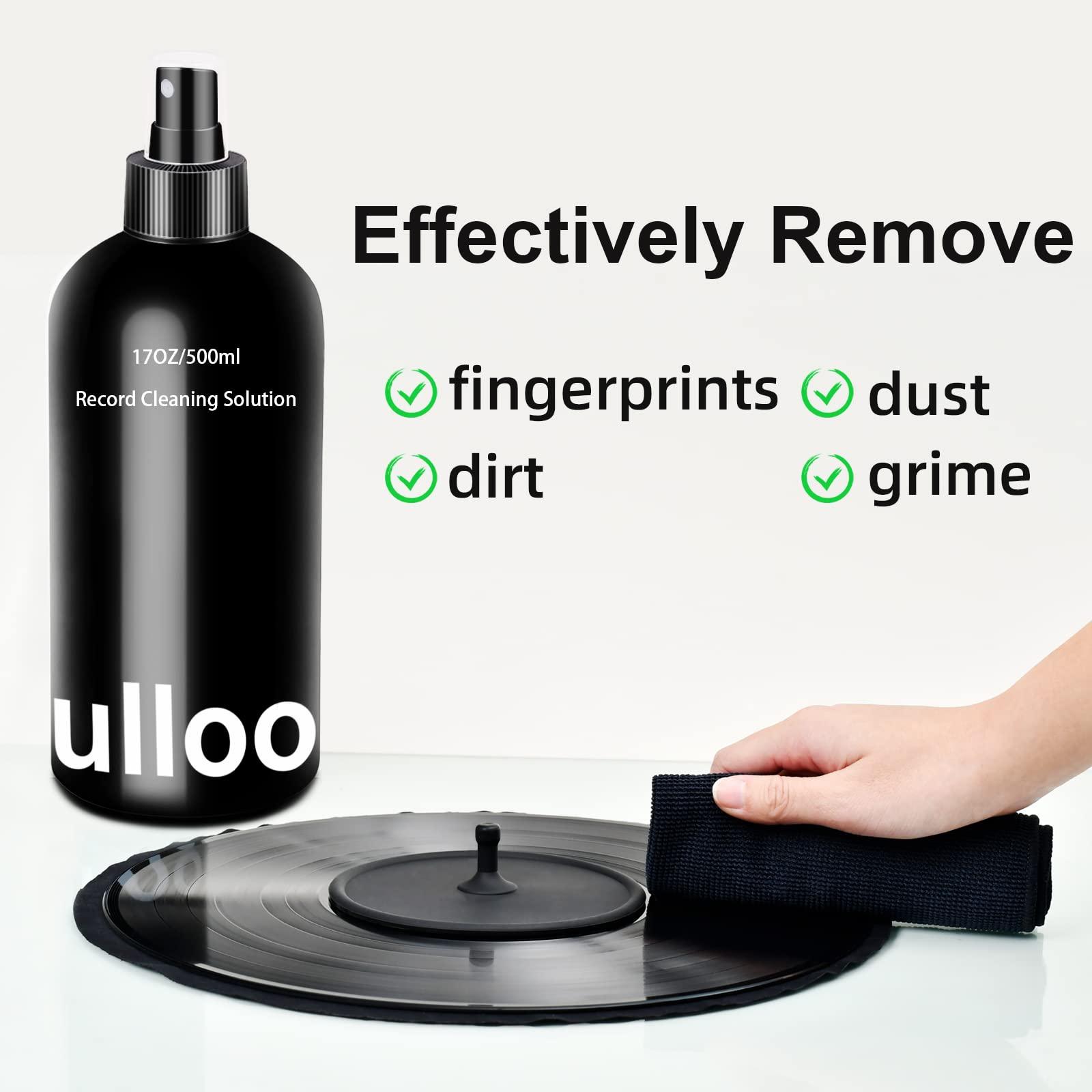 kulloomii Vinyl Record Cleaner Solution 17oz/500ml, 4Pcs Vinyl Record Cleaning Kit, Record Cleaning Fluid Spray & Label Protector & Microfiber Cloth & Protector Pad, Record Player Cleaning Kit for LP Album