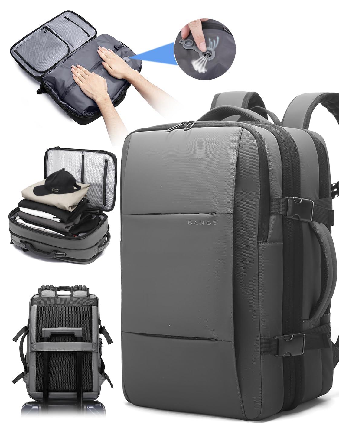 BANGE BANGE Backpack with Anti-Theft Vacuum Compression Travel Backpack,Expandable Backpacks with Pump for Airplanes