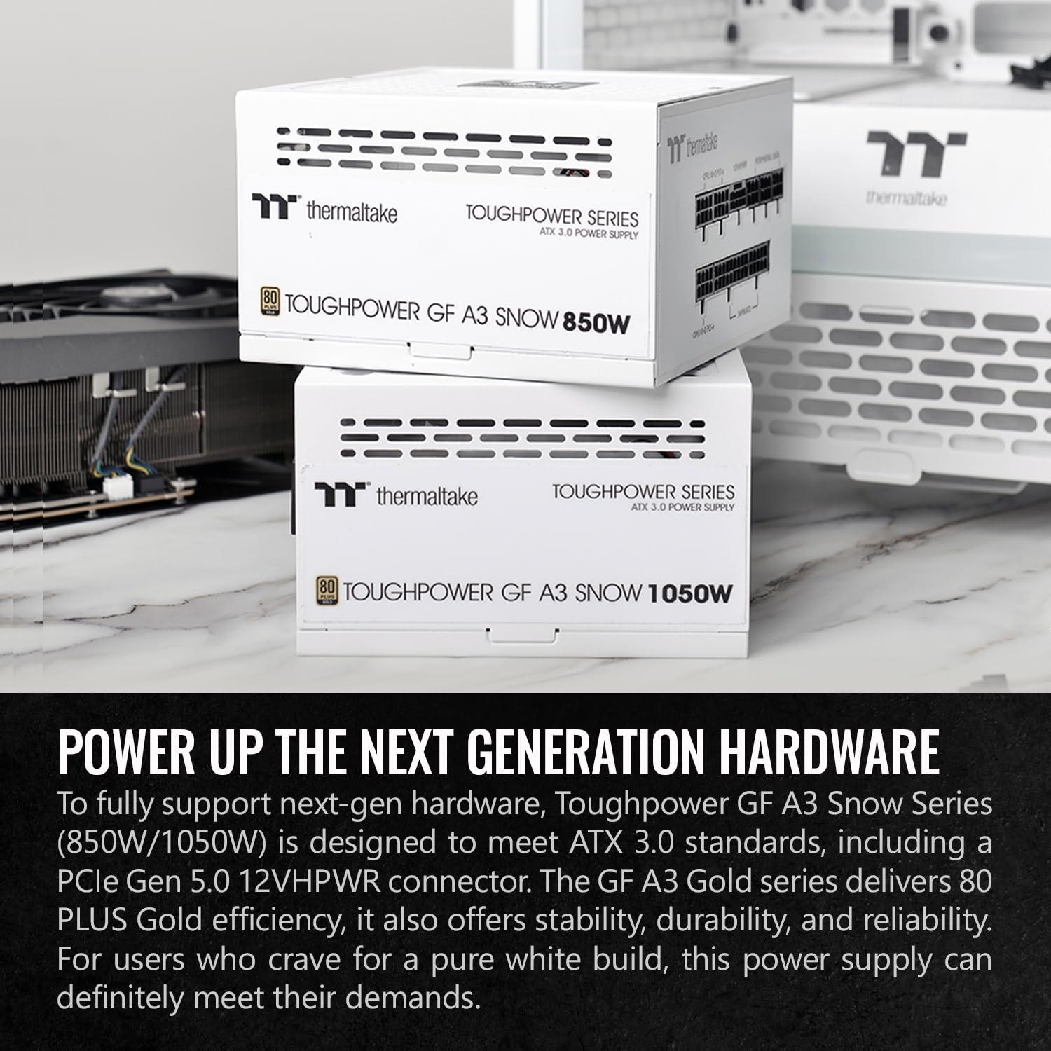 Thermaltake Thermaltake Toughpower GF A3 Snow Edition 850W 80+ Gold Full Modular SLI/Crossfire Ready ATX 3.0 Power Supply; PCIe Gen.5 450W 12VHPWR Connector Included; PS-TPD-0850FNFAGU-N; 10 Year Warranty