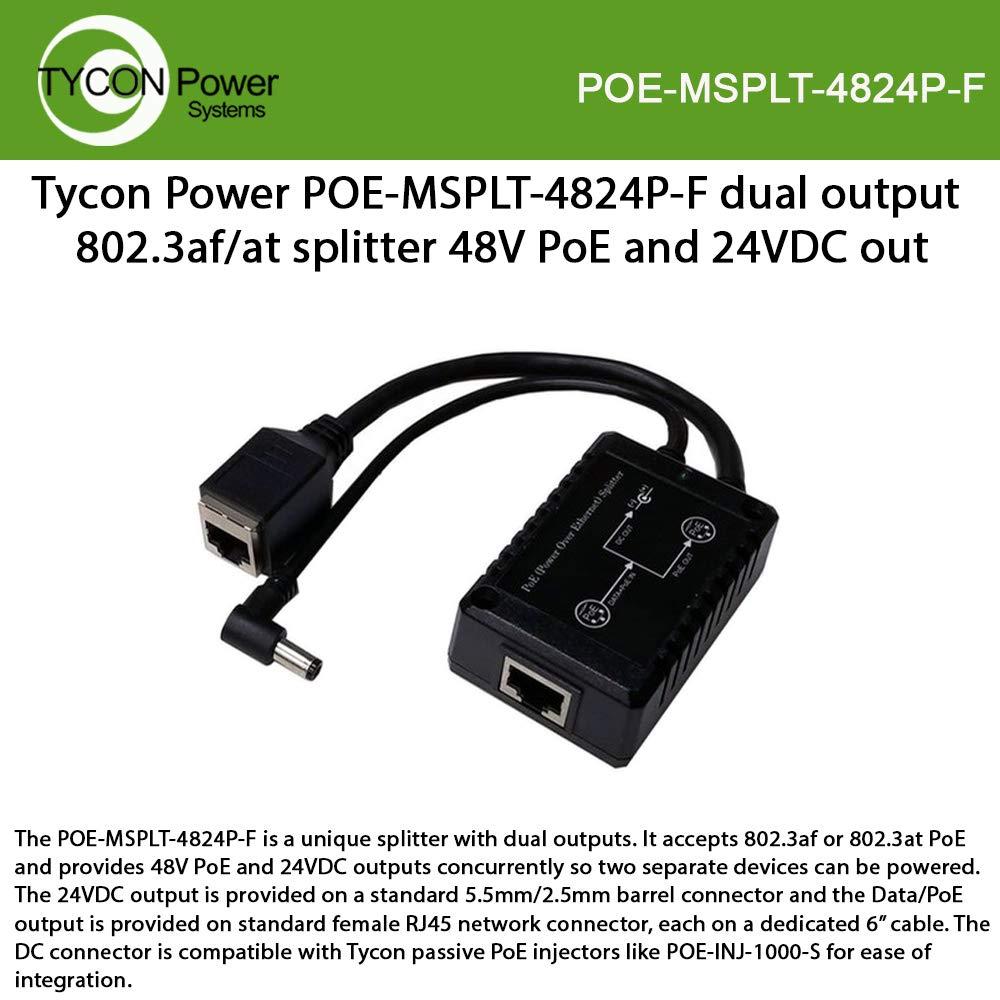 Tycon Power Systems 36-60VDC 802.3af/at POE Input, 48V .3A PoE and 24VDC .5A, 15W Total Output, POE Splitter/Voltage Converter, -25 to +50C, 5.5/2.5/2.1mm DC Barrel, 6\" Cable, 10/100, RJ45 Output Socket