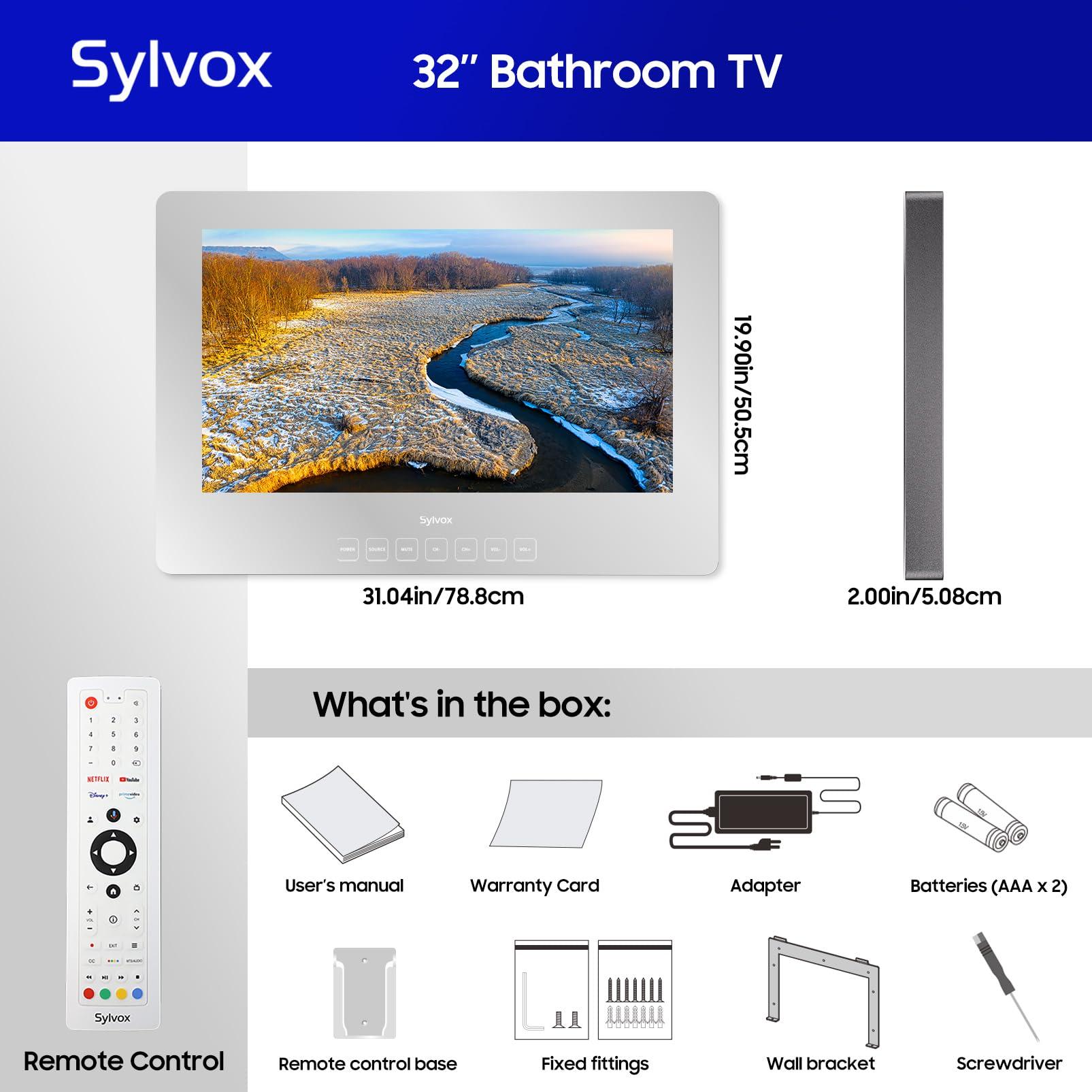 SYLVOX SYLVOX Bathroom TV, 32 inch Smart Mirror TV for Bathroom Shower SPA, Support Google TV, 1080P IP66 Waterproof Touch Button WiFi Bluetooth Google Assistant, Smart TV for Indoor Humid Environment