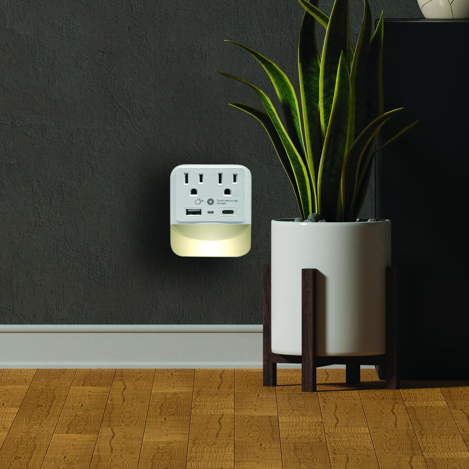 CIAO TECH 2 Outlet Extender with 1 USB-A & 1 USB-C with White Led Light - Multi Plug Outlet with 300 Joules Surge Protector - Multipurpose USB Outlet with 2.4A Fast Charging (White)