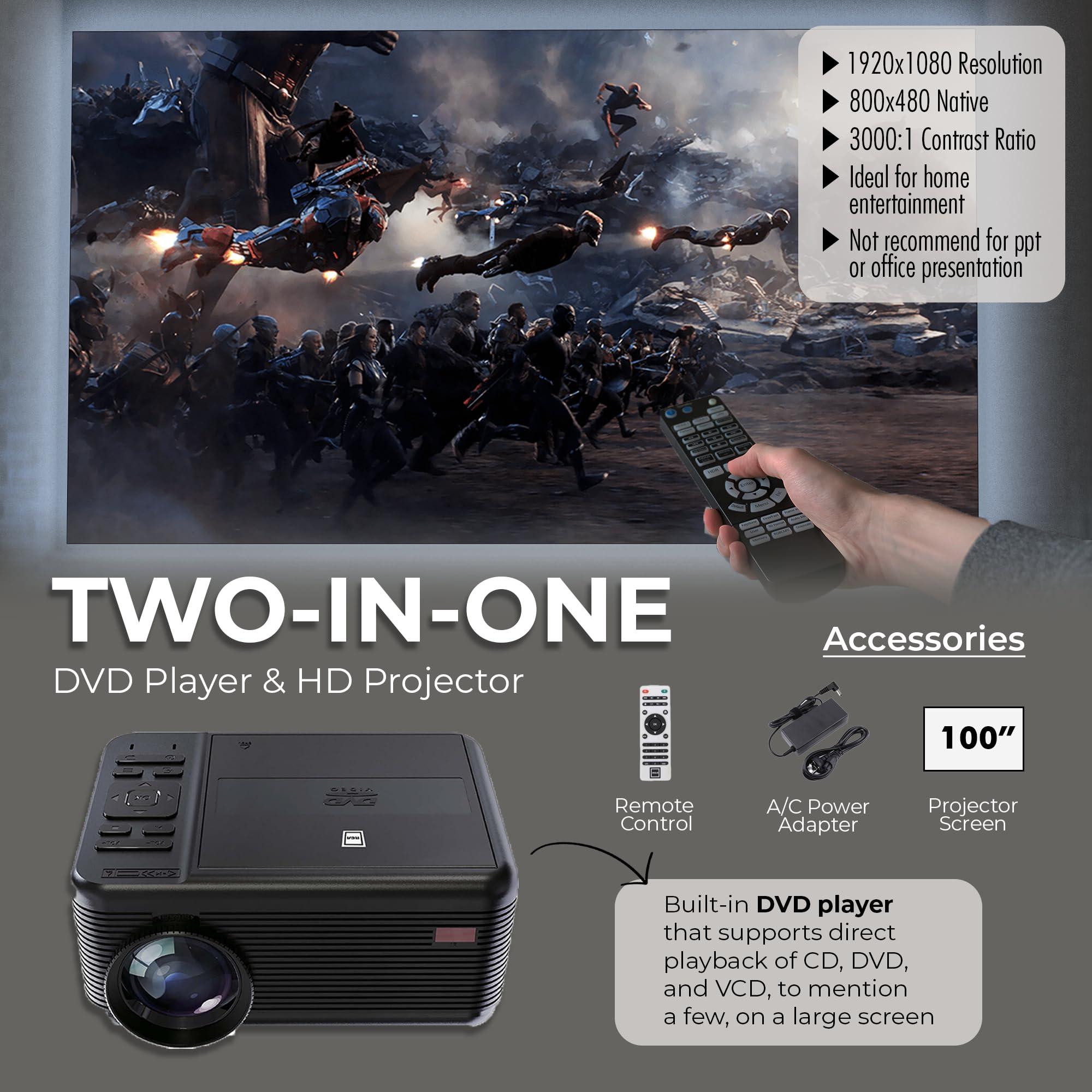 RCA RCA DVD PROJECTOR WITH SPEAKER BUILT IN - Mini Portable Projector with Bluetooth - Indoor/Outdoor Projector and Screen Package - HDMI/AV/VGA/Micro SD Compatible - Quiet Fan System - 1920x1080 Res