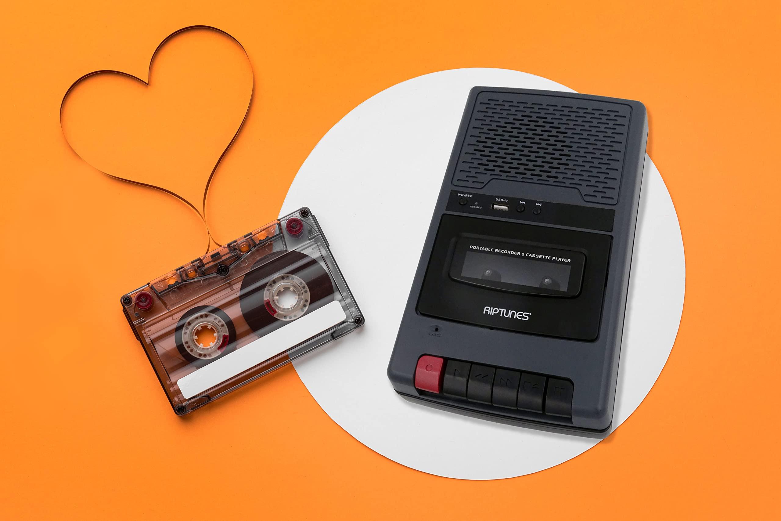 Riptunes Riptunes Portable Cassette Recorder Player, Tape to USB Audio Music Digital Converter, Retro Shoebox Tape Recorder with USB Player, Cassette-MP3 Converter w/Built-in Microphone -Grey