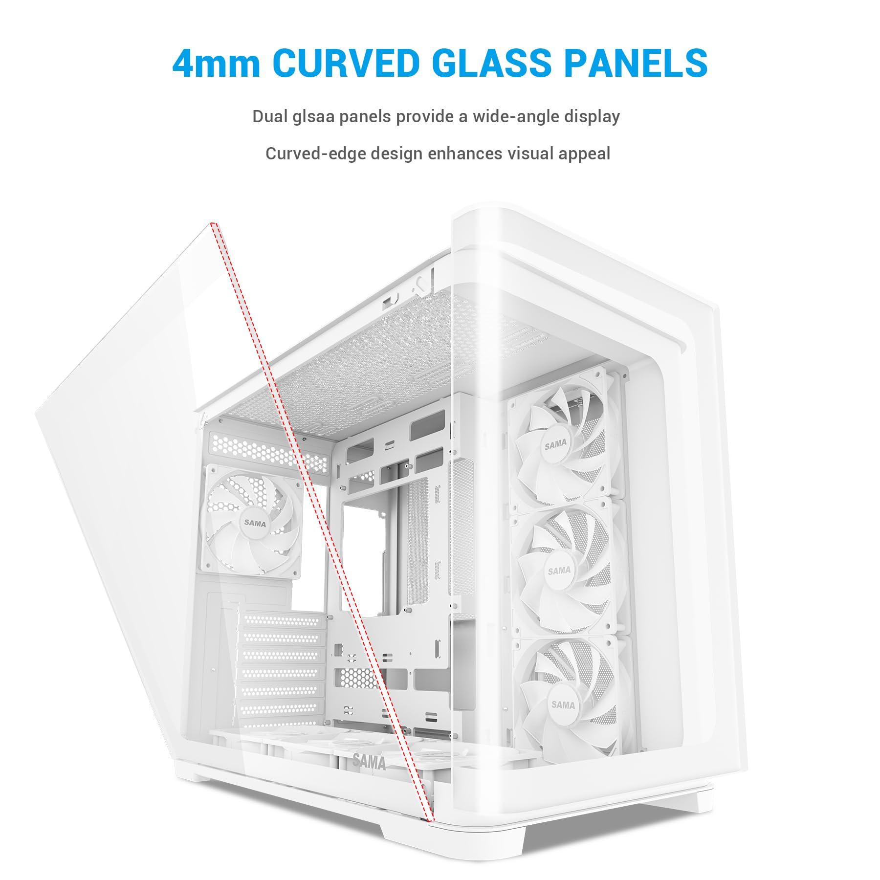 SAMA SAMA V60 Mid-Tower ATX PC Case, Curved Tempered Glass, High Airflow, 7x12cm ARGB PWM Fans with Fan Hub Pre-Installed, USB Type-C, ATX/MATX/ITX Back-Connect Support, 360mm Radiator Support, White