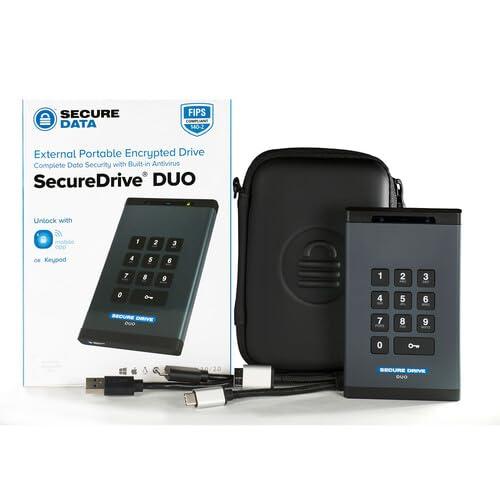 ClevX SecureData SecureDrive Duo 2TB Hardware Encrypted USB 3.0 Ext Drive FIPS 140-2 Level 3 Unlock via KeyPad or Phone app TAA Compliant, CJIS, HIPAA, CMMC, GDPR Compliant, Works with Mac and Win Free AV