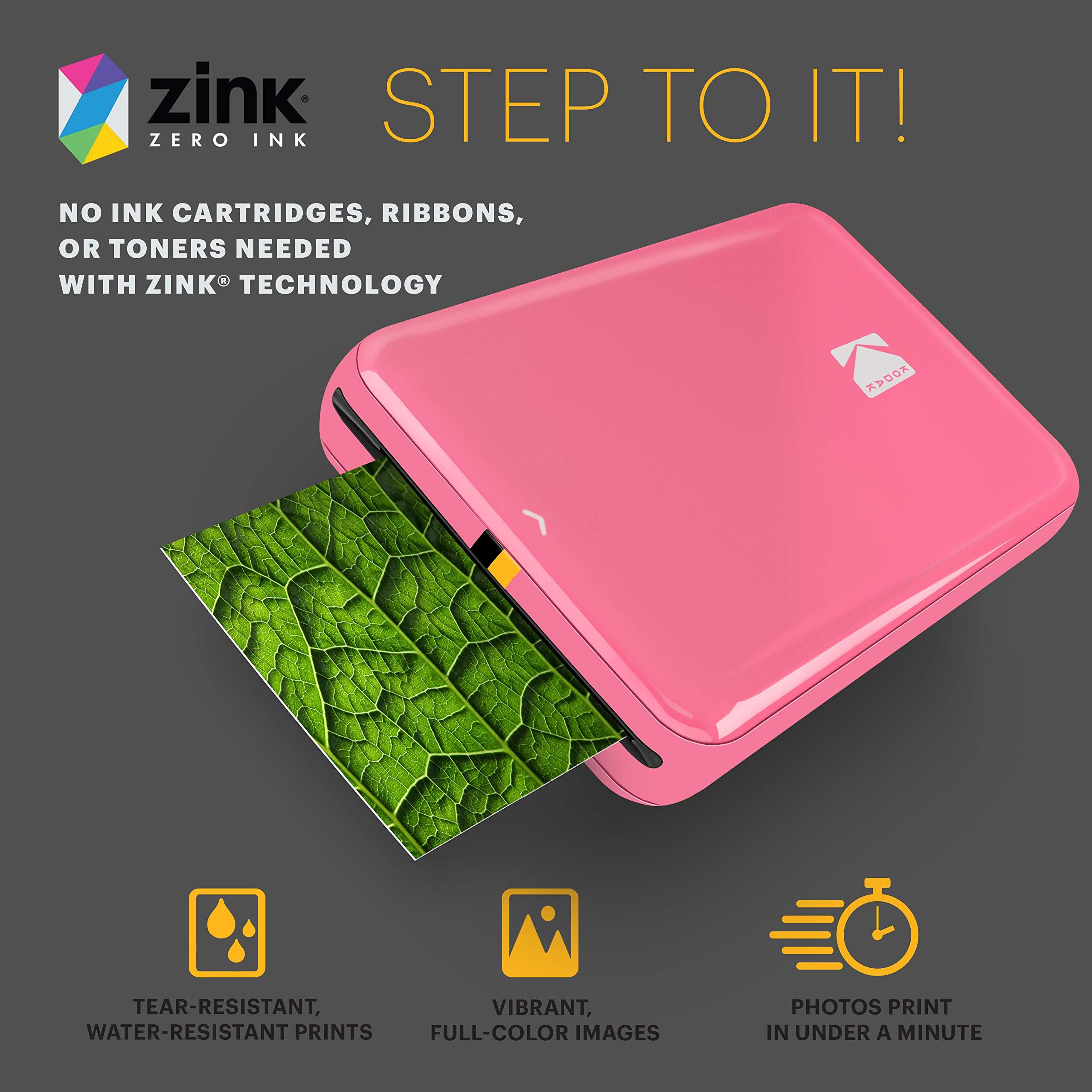 KODAK KODAK Step Instant Smartphone Photo Printer - Portable Mini Color Wireless Mobile Printer - Zink 2x3 Sticky-Back Photos - Bluetooth Compatible with iOS & Android Devices - Fun Editing App - Pink