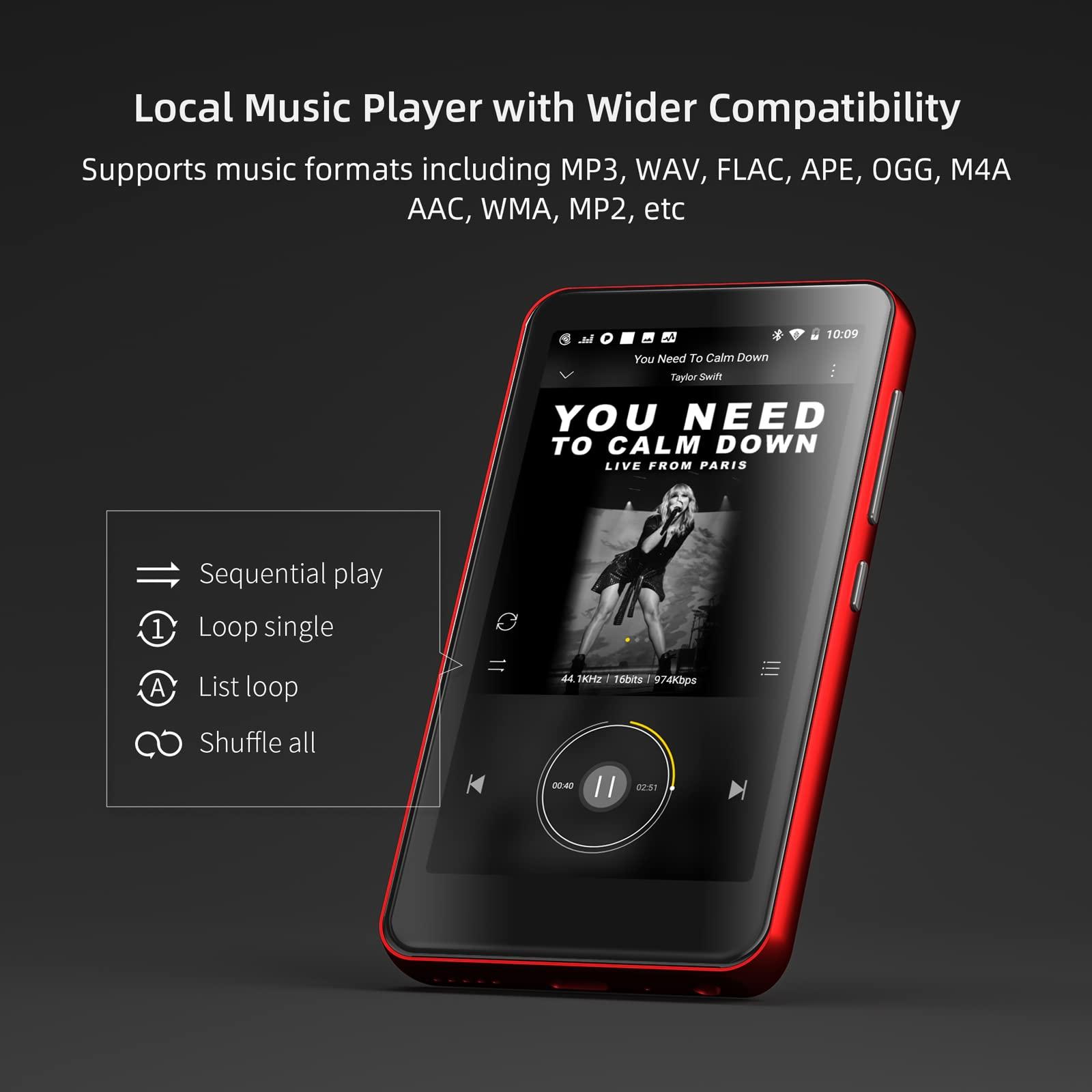 innioasis MP3 Player with Bluetooth and WiFi,MP3 Player with Spotify,Spotify Kids,Audible,Pandora,Amazon Music,4\" Music Player MP4 Up to 1TB(80GB,Red_Black)