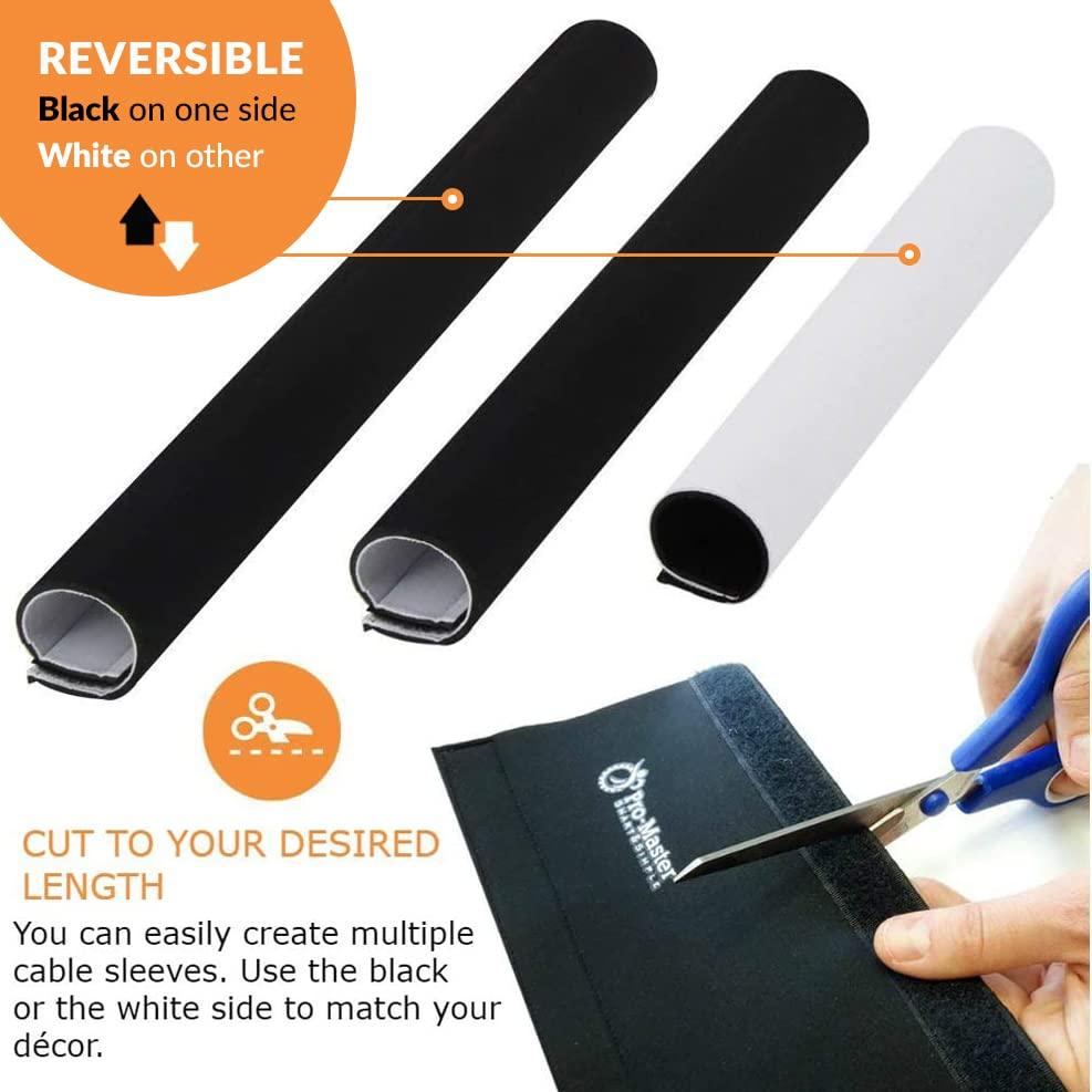 ProMaster Premium 120" Cable Management Sleeve, Best Cords Organizer for TV On Wall, Computer, Office, DIY Adjustable Reversible Black and White Neoprene Cord Hider Wire Cover Concealer Wrap with Free Zip Ties
