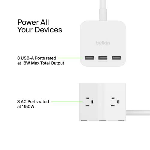 Belkin Belkin 6-Outlet Power Cube w/ 3 AC Outlets, 3 USB-A Ports, & 5ft Sturdy Extension Cord - Convenient Compact Cube for Home, Office, Travel, Desktop, & Phone Charger - 4.5 Amps