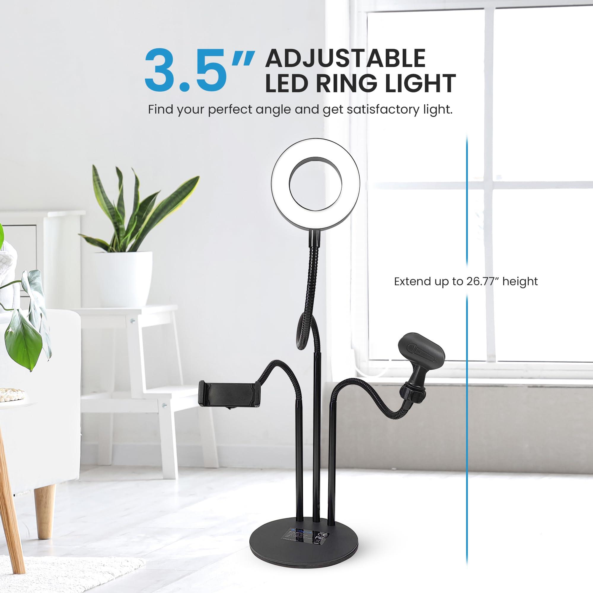 IDANCE iDance LED Ring Light with Stand, 3.5", Portable Desk Ring Light with Cell Phone Mount, Microphone Holder and Tripod for Laptop, Selfie, USB Powered & Remote with Foldable & Adjustable Stand