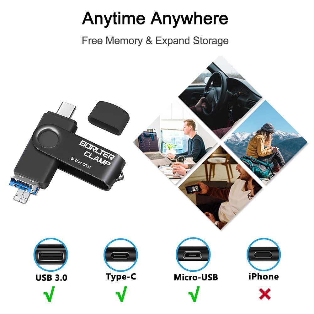BORLTER CLAMP 256GB 3 in 1 USB 3.0 Flash Drive Photo Stick for Android Phones, BorlterClamp OTG Memory Stick with 3 USB Ports (USB C, microUSB, USB A) for Samsung Galaxy, LG, Tablets, PC and More, Black
