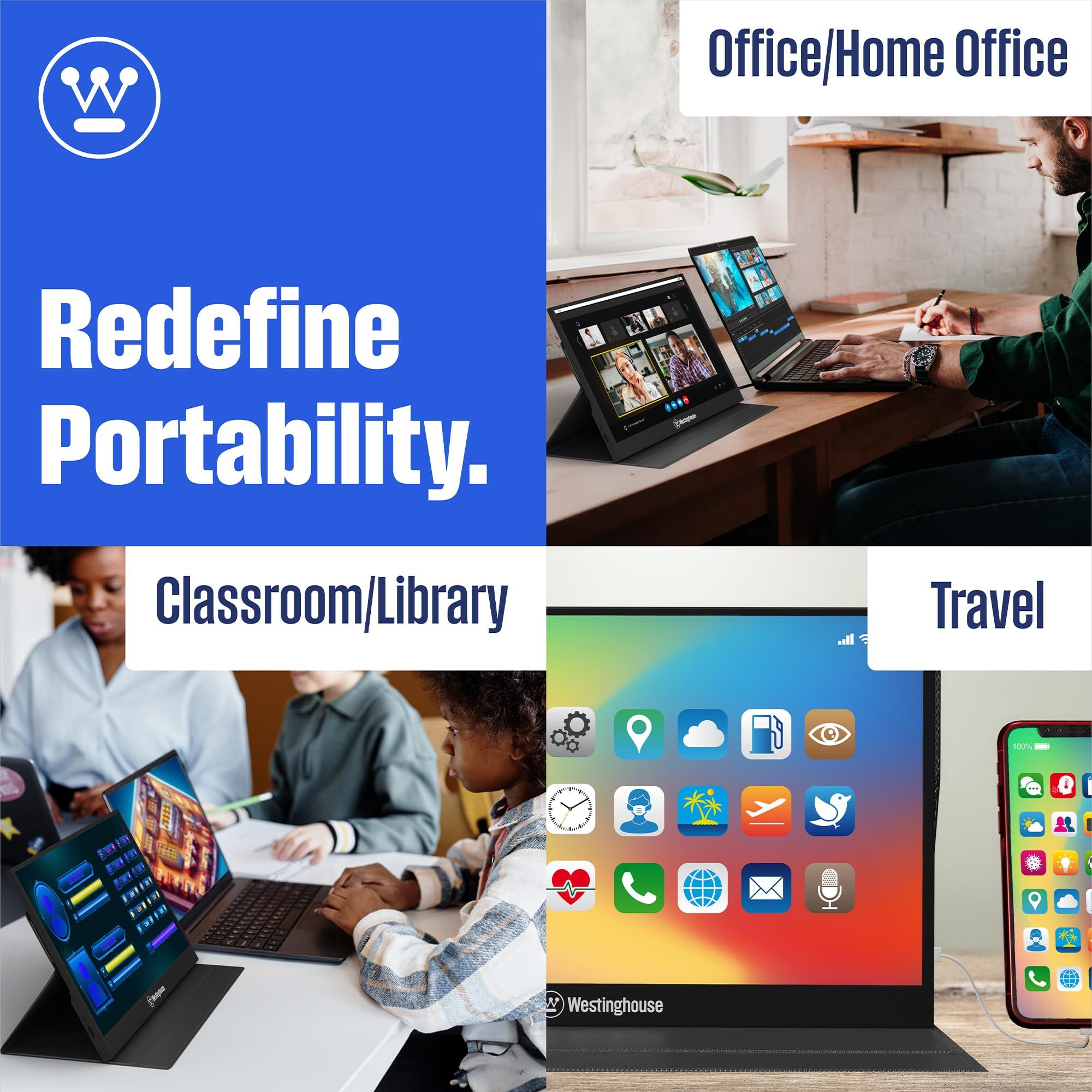 Westinghouse Westinghouse 15.6 Inch Portable Monitor for Laptop & Travel, 1080p, 60Hz, IPS Display, Full HD Screen with Magnetic Protective Cover, Built in Speakers, 1x Mini HDMI, 1x USB Type-C