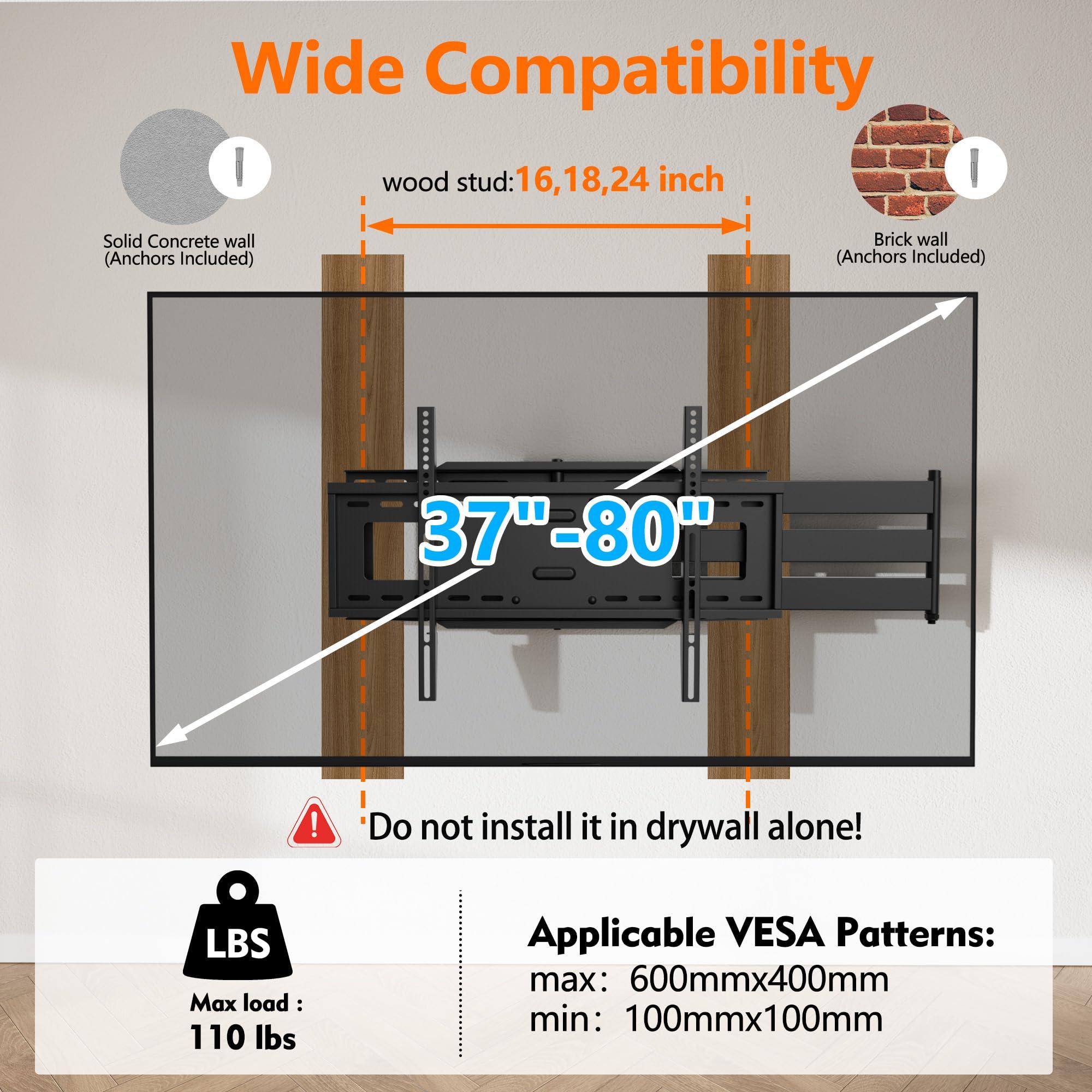WHYFONE 48\'\' Extension Long Arm TV Wall Mount, WHYFONE Large TV Heavy Duty Full Motion TV Wall Mount Swivel Tilt Level Articulating, 37-80\'\'TV, Max VESA 600x400mm, 16\'\'18\'\'24\'\' Wood Studs/Concrete/Brick Wall