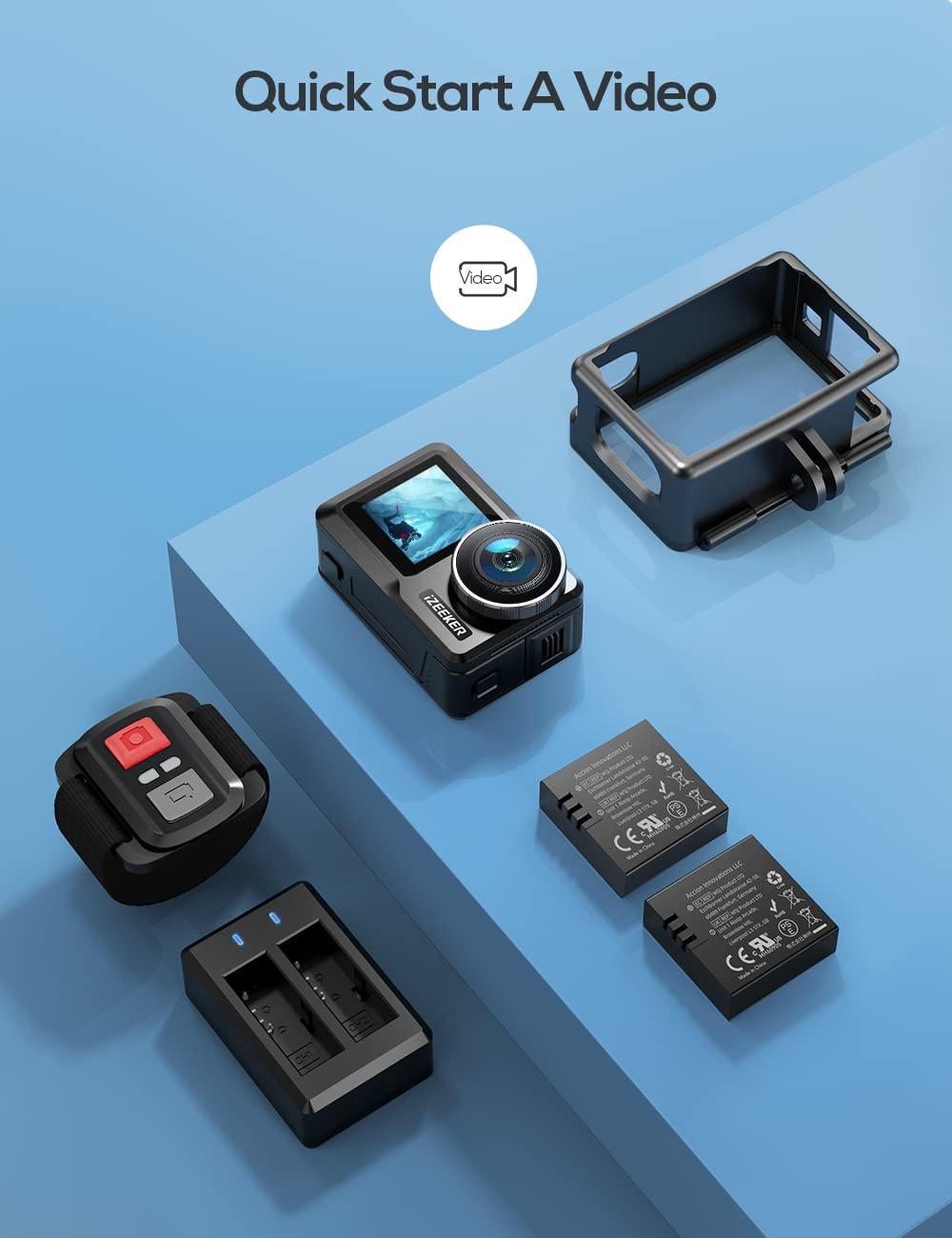 iZEEKER iZEEKER Action Camera 4K 24MP with Touchscreen, 40M Underwater Camera Waterproof, Dual Screen Vlog Camera with EIS3.0, WiFi, Remote Control with 2X 1350mAh Batteries,Charger and Accessory Kit-iA800