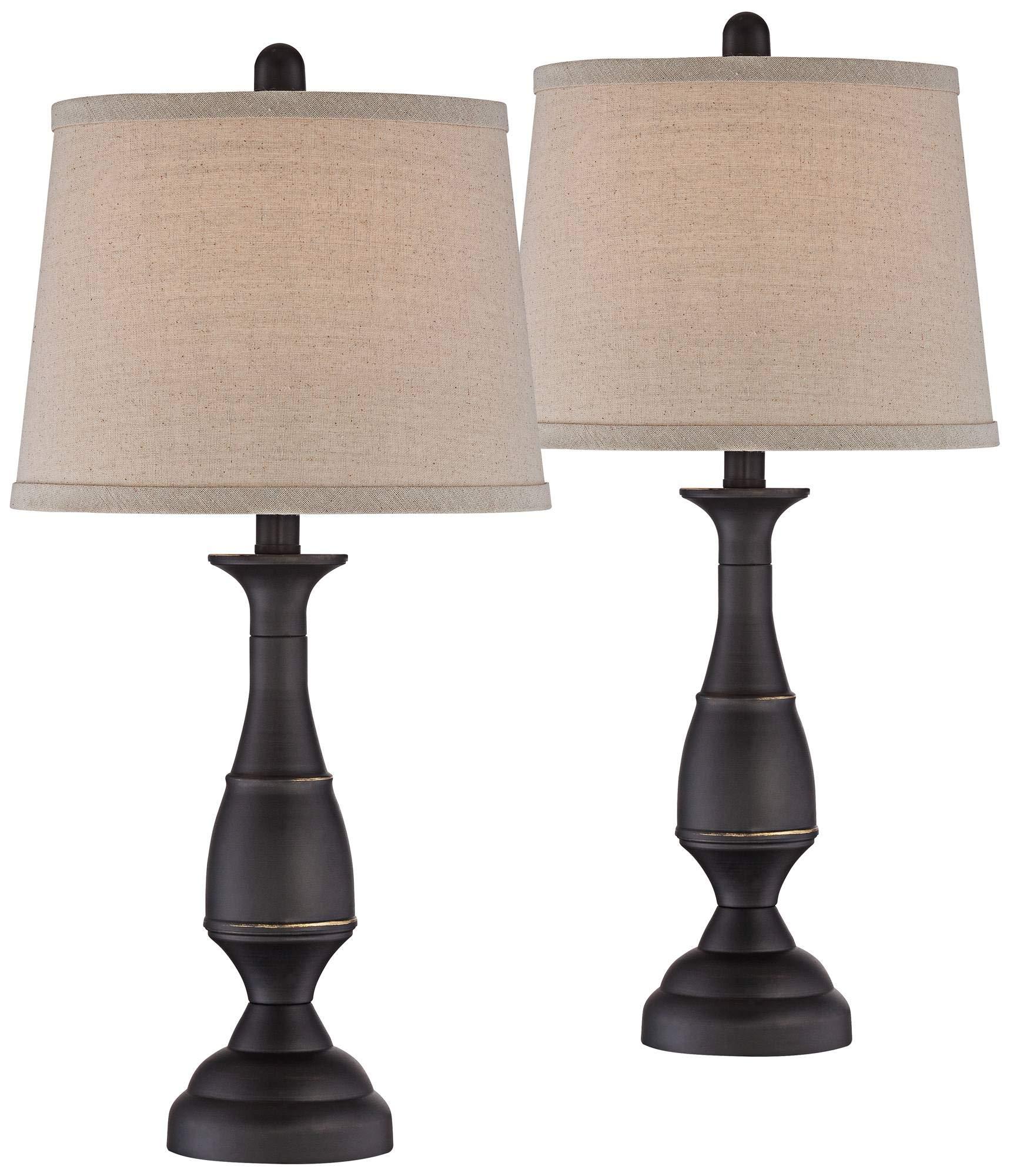 Regency Hill Regency Hill Ben Farmhouse Traditional Table Lamps 25" High Full Size Set of 2 Dark Bronze Brown Metal Beige Linen Drum Shade Decor for Living Room Bedroom House Bedside Nightstand Home Office
