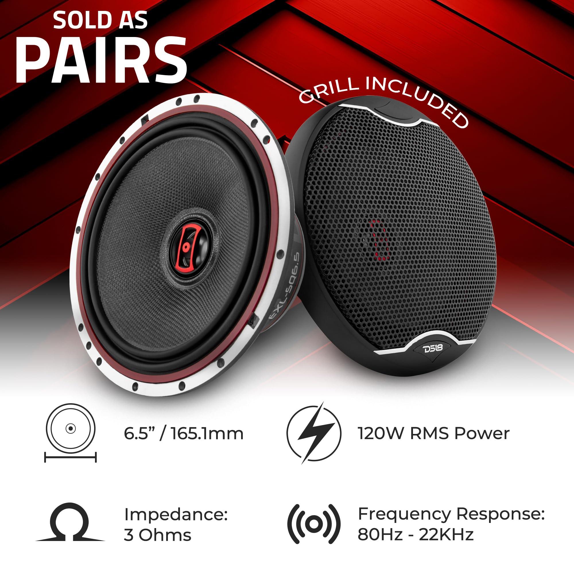 DS18 DS18 EXL-SQ6.5 6.5\" Car Speaker High Sound Quality Fiber Glass Cone 2-Way Coaxial Speaker -3Ohms- Sleek Compact Design with Chrome Finish - Superior Bass Response - 400 WATTS Max - Set of 2