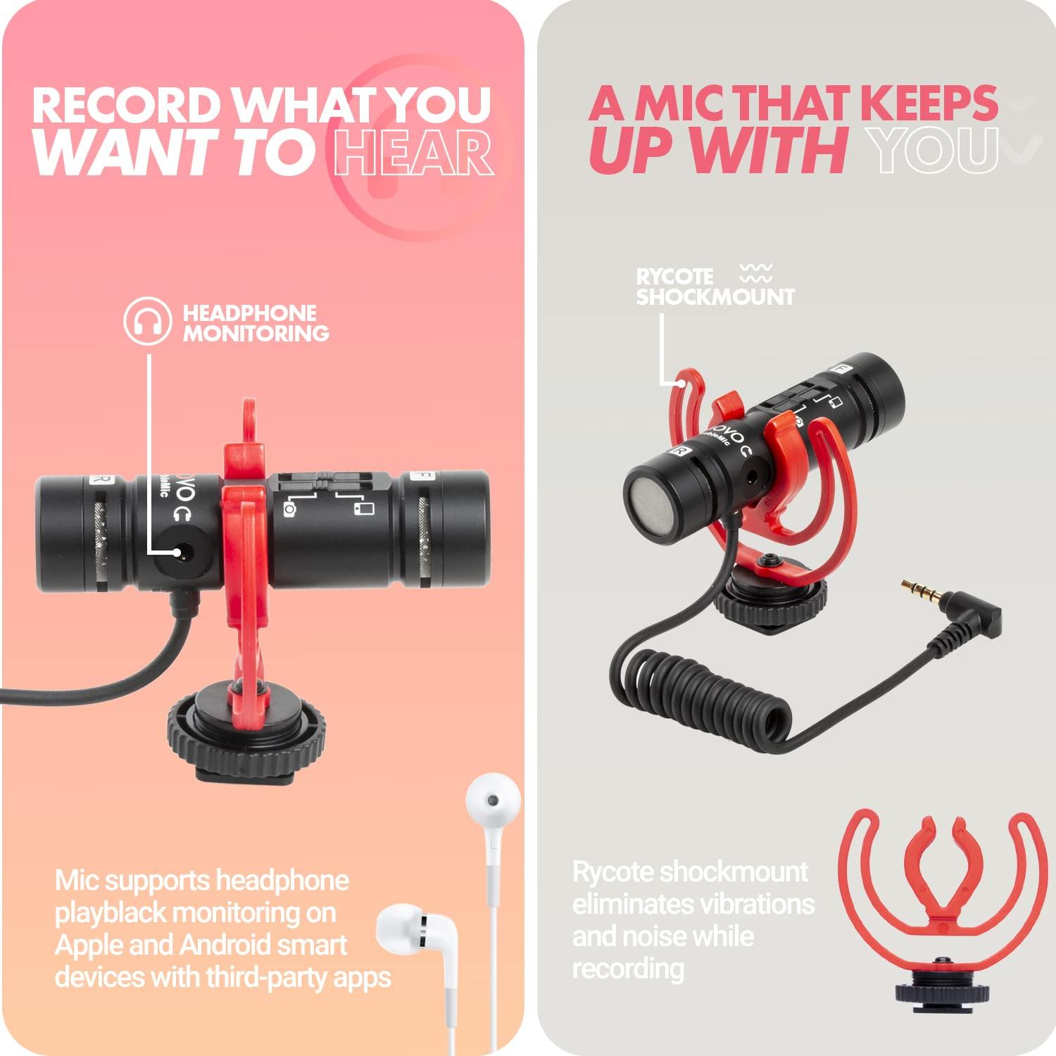 Movo Movo DoubleMic V2 Two-Sided Shotgun Mic for Camera Vlogging - Dual Capsule External Microphone for iPhone, Android, Smartphones and DSLR Camcorders - Improved Wind Protection - Latest Version