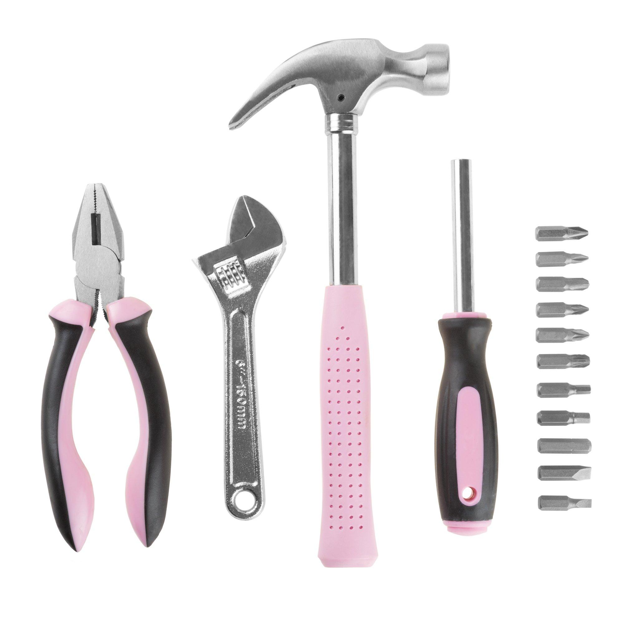 Stalwart 15-Piece Household Hand Tool Set with Carry Case Tool Kit with Screwdrivers, Pliers, and Wrenches Great for Home or Car by Stalwart (Pink)
