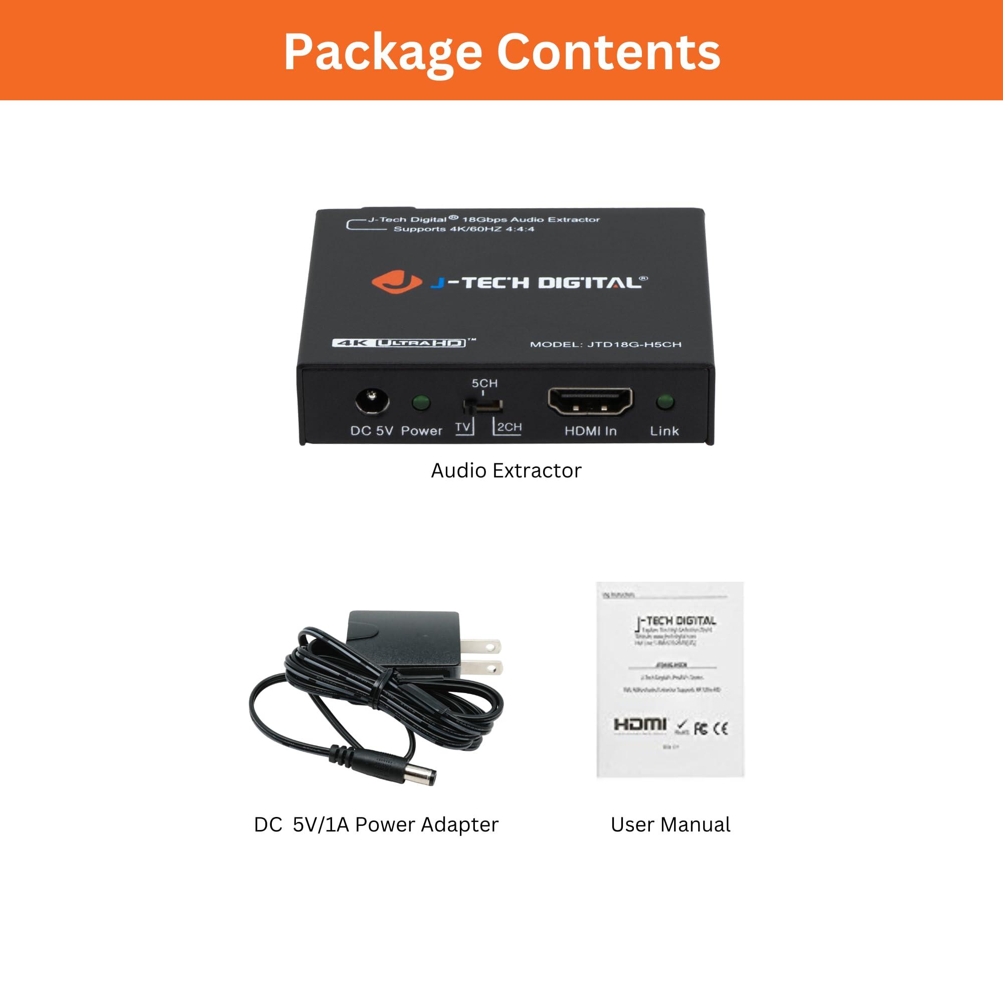 J-Tech Digital J-Tech Digital 4K 60Hz HDMI Audio Extractor Converter SPDIF + 3.5MM Output Supports HDMI 2.0, HDCP 2.2, 1080P@120Hz, 1080P@144Hz, Dolby Digital/DTS Passthrough CEC, HDR10 [JTD18G-H5CH]
