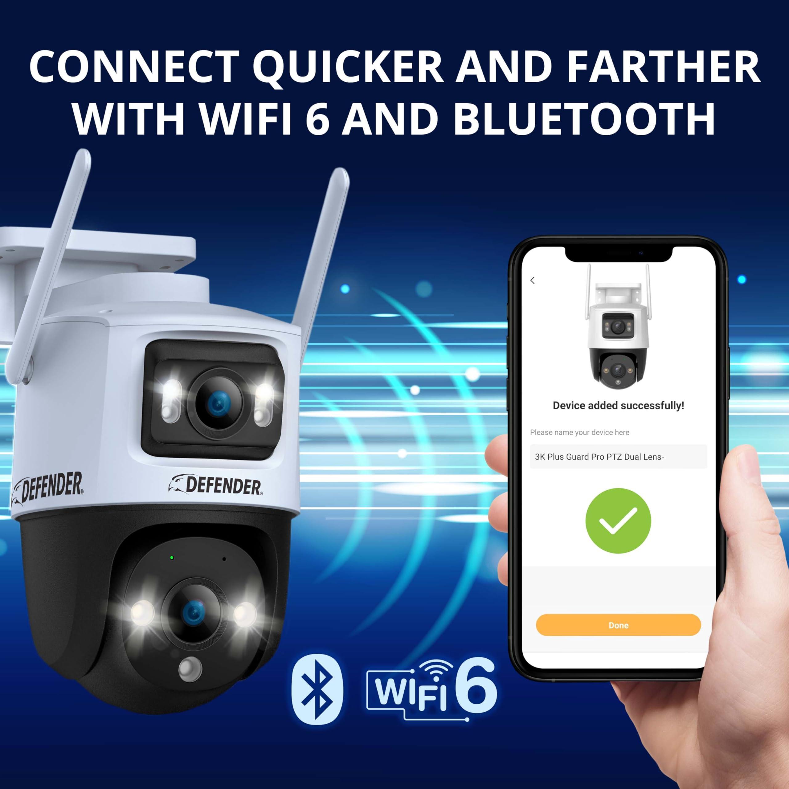 Defender AI Powered Guard Pro 3K Plus Dual Lens PTZ WiFi 6, Plug & Play Security Camera, Human/Vehicle Detection, AI Auto-Tracking, Bluetooth Pairing, Color Night Vision, 2 Cameras