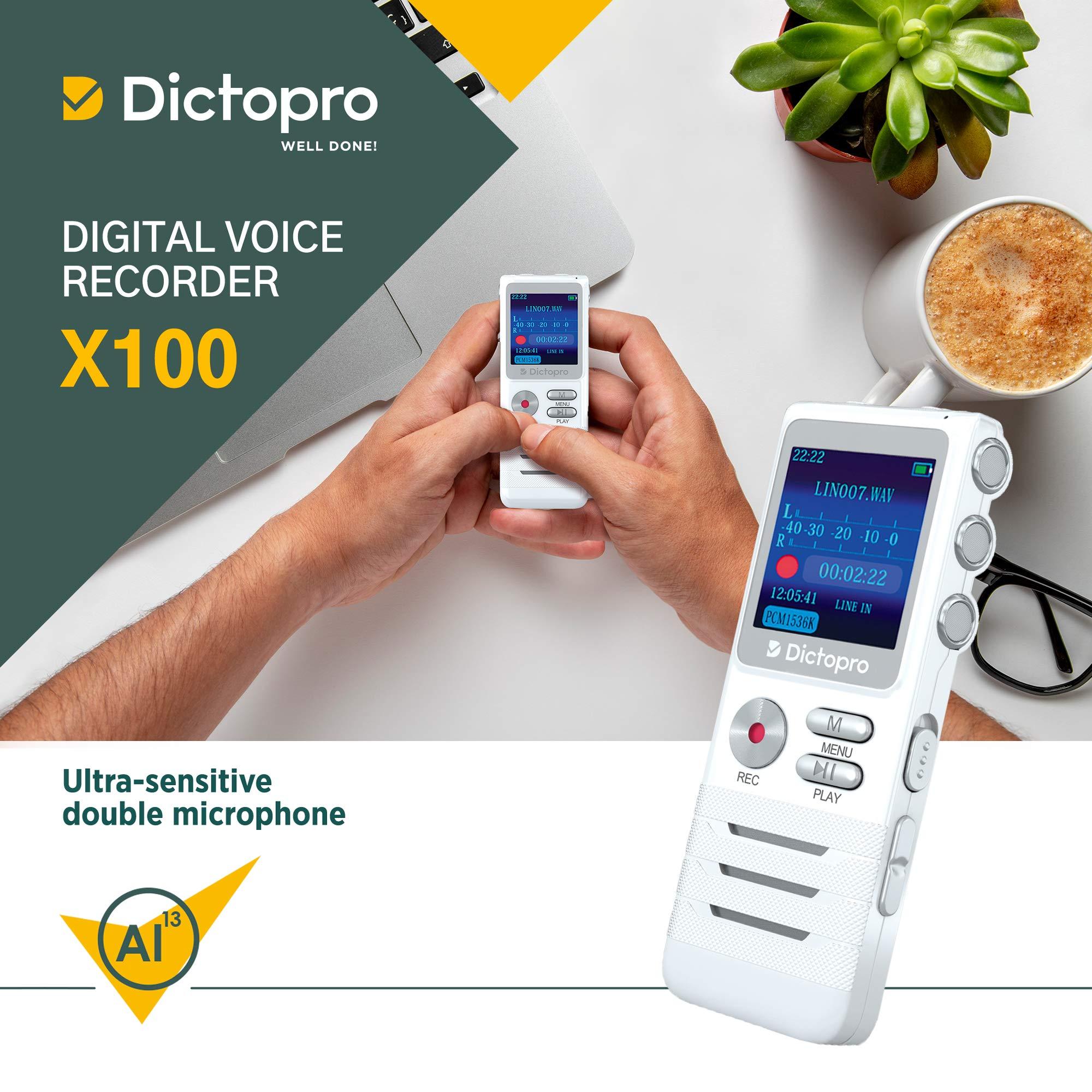 Dictopro Digital Voice Activated Recorder by Dictopro- Easy HD Recording of Lectures and Meetings with Double Microphone, Noise Reduction Audio, Sound, Portable Mini Tape Dictaphone, MP3, USB, 8GB