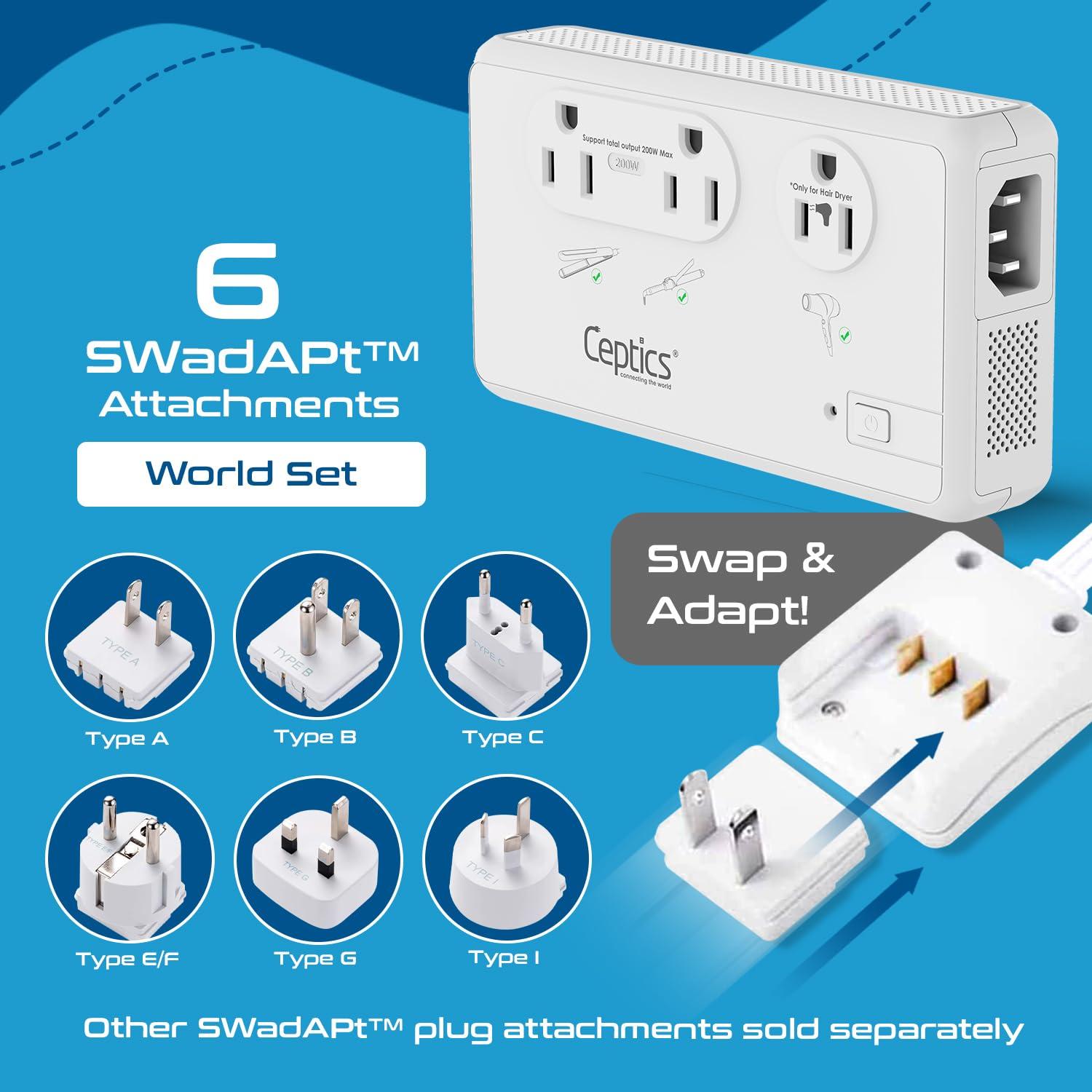 Ceptics Ceptics 2000W Travel Voltage Converter for Hair Dryer & 200W Convert 220V to 110V for Curling Iron, Straightener, Chargers, Step Down World Power 4 USB Charging QC 3.0 SWadApt Type A, B, C, E/F, G, I