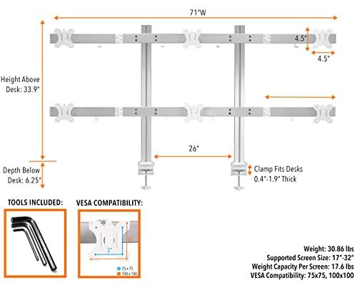 Stand Steady Stand Steady 6 Monitor Mount Desk Setup - Heavy-Duty Height Adjustable Monitor Stand, Swivel Arm with Clamp-On Base, 6 Screen VESA Mount Fits Most LCD/LED Monitors 17-32 in. (Silver, 6 Mounts)