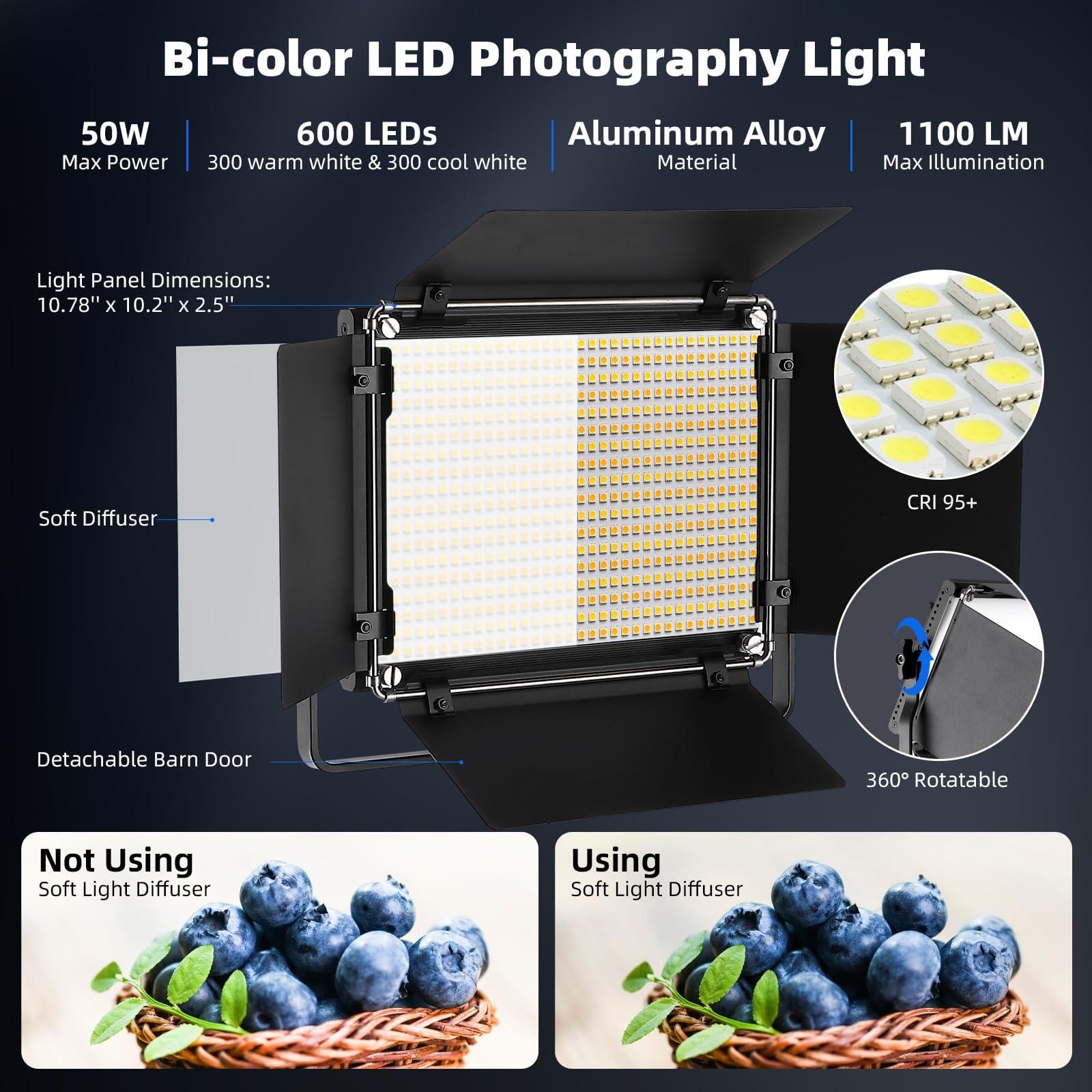 GreatLPT GreatLPT 50W 600 LED Photography Lighting with APP Control & Stand Kit, 3200K-5600K Dimmable CRI 96+ TLCI 97+ CQS 96+, 1800 Lux/1m, Bi-Color Video Light for Studio/Video Recording/Streaming/Film