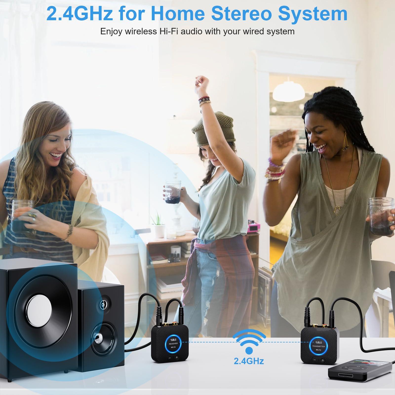 1Mii 1Mii 2.4GHz Wireless Audio Transmitter Receiver Set for TV, 260Ft/80M Long Range 25ms Low Latency with AUX RCA in/Out,Wireless Audio Adapter for TV PC Powered Speaker Amplifier Soundbar