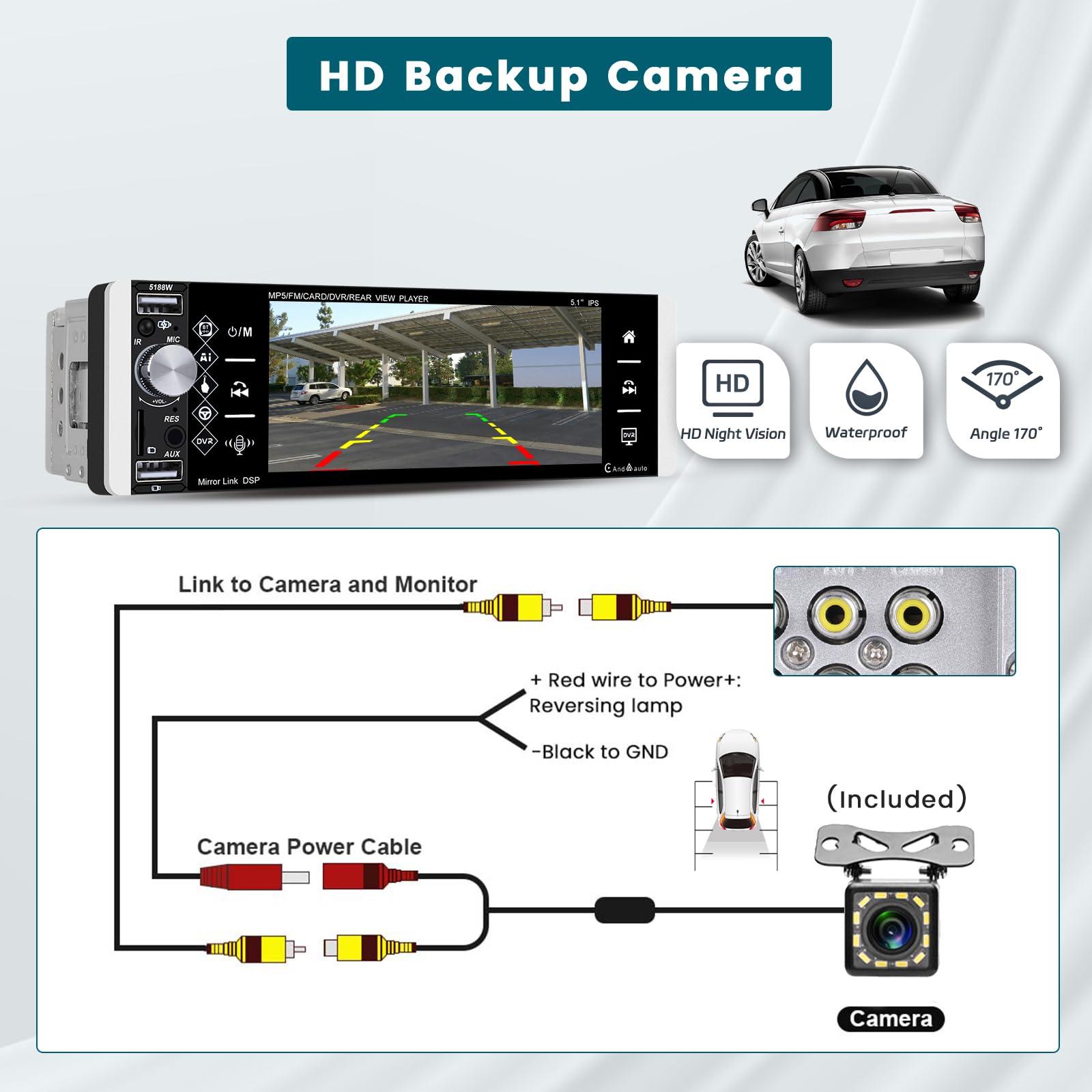 Hikity Hikity 5.1 Inch Car Stereo with Wireless Apple Carplay Android Auto, Single Din Touch Screen Car Radio with Bluetooth, Mirror Link AM FM EQ SWC, Car Audio Receiver with USB/TF/AUX-in, Mic, Backup Cam