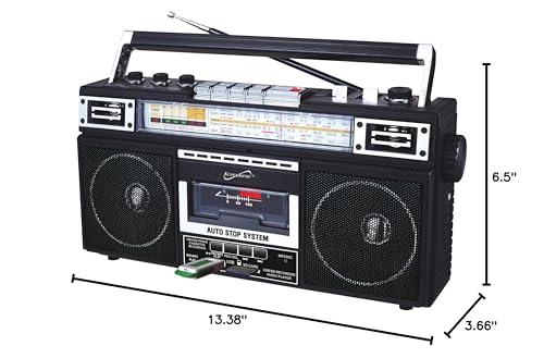 Supersonic Supersonic SC-3201BT 4 Band Radio & Cassette Player Boombox, Bluetooth Speaker, AM/FM/SW Radio with MP3 Playback, USB & SD Card, 3 Band EQ and Earphone Jack