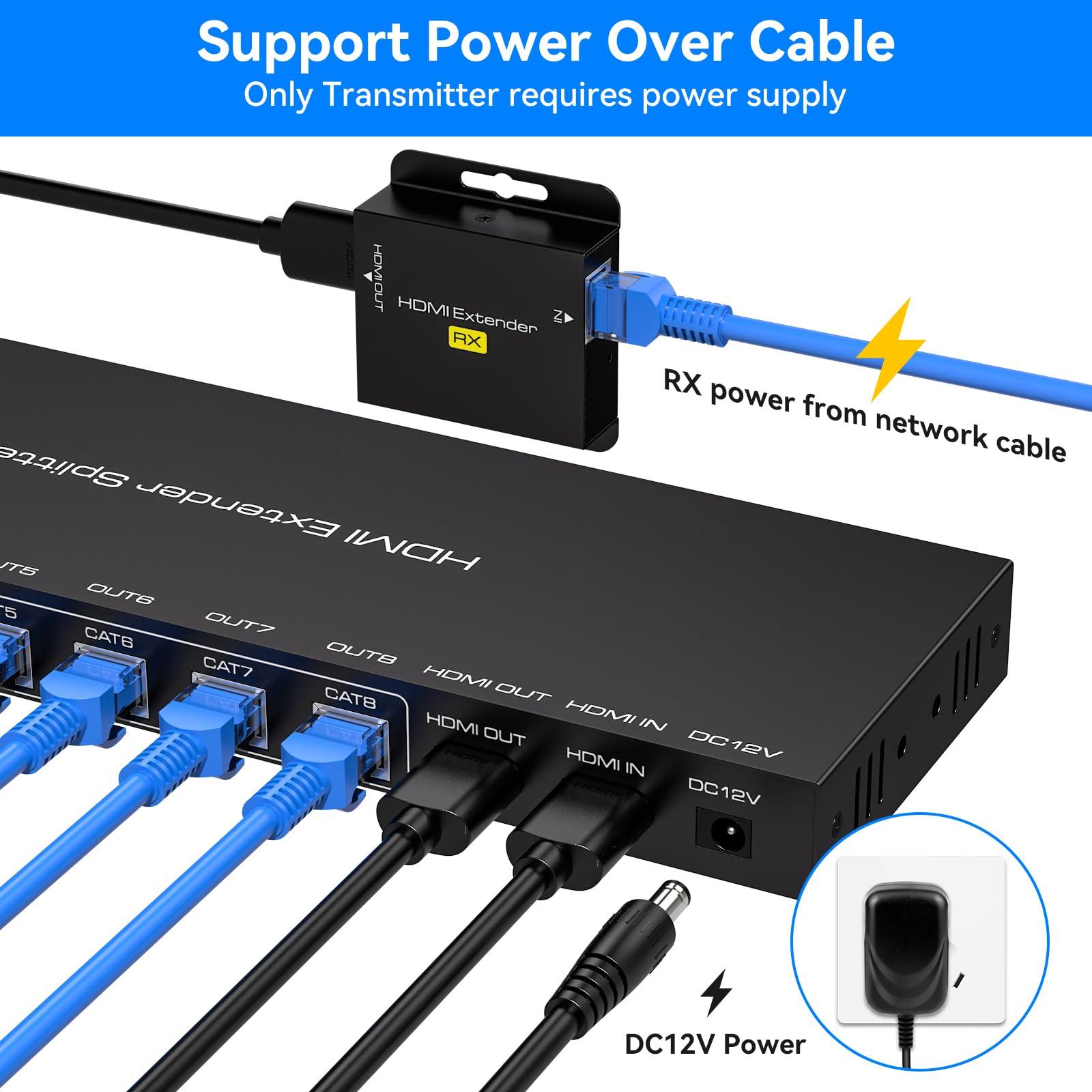 VPFET HDMI Extender Splitter Over Ethernet 1 in 8 Out Cat5e or 6 Up to 165FT 50m HD1080P 60Hz 3D with Port Loop Out Support EDID POC Suitable for Projection Exhibition Presentations