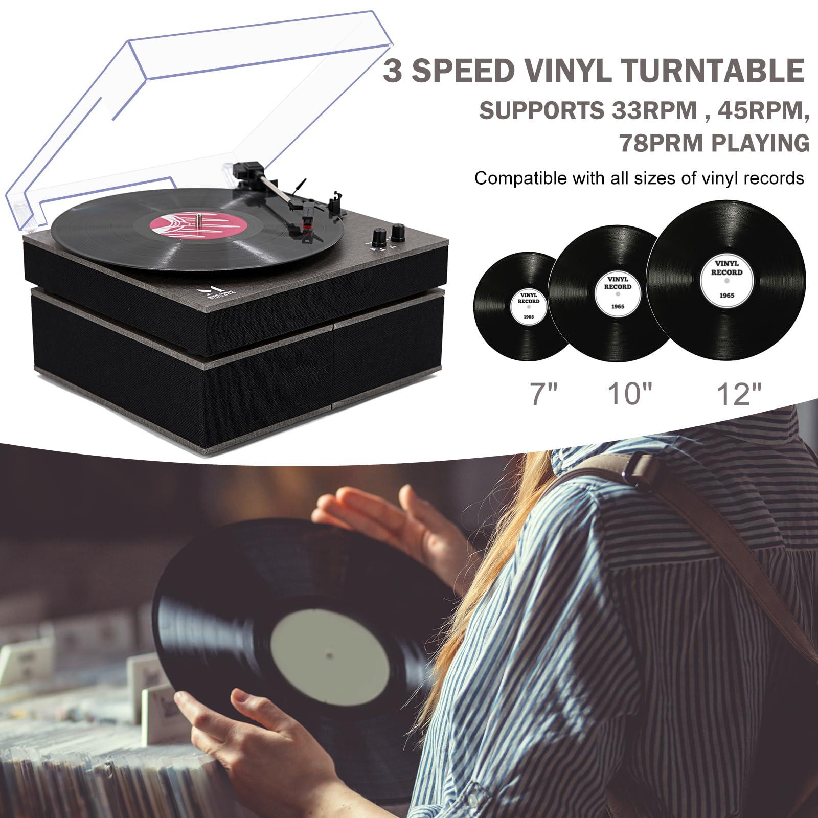 M MUSIC PUBLIC KINGDOM MPK Bluetooth Record Player,Turntable HiFi System with Bookshelf Speakers, 3-Speed Belt-Drive Vinyl Turntable for Vinyl Records with Wireless Playback and Auto-Stop,Grey Cloth Pattern