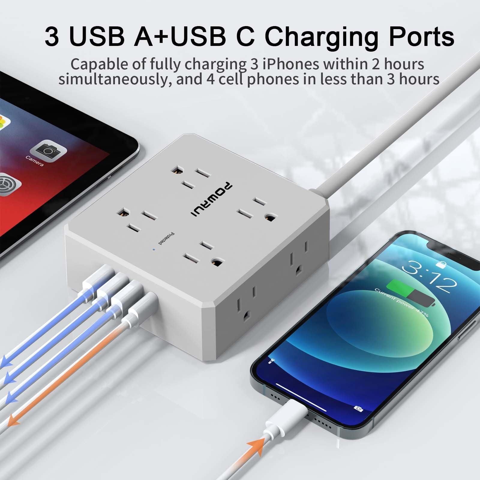 POWRUI Surge Protector Power Strip - 6 Ft Flat Plug Extension Cord with 8 Widely Outlets and 4 USB Ports(1 USB C), 3 Side Outlet Extender for Home Office, Grey, ETL Listed