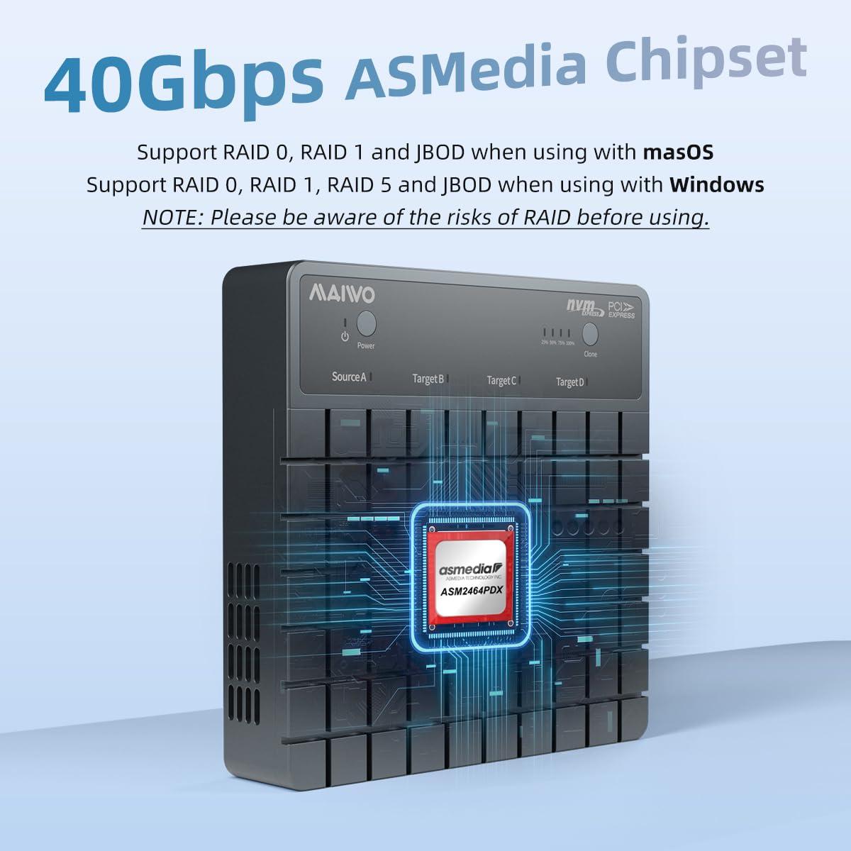 MAIWO MAIWO 4 Bay M.2 NVMe SSD Enclosure with USB4 Port with Cooling Fan, Support 1-to-3 Offline Clone, 40Gbps High Speed, Backward Compatible Thunderbolt 4/3