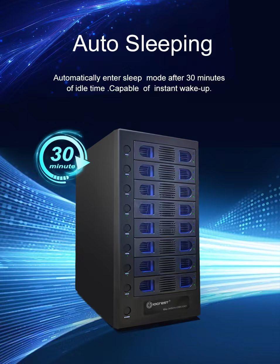 IO CREST 8 Bay Tool Less Tray Hot Swapable 2.5" and 3.5" SATA Hard Drive External USB-C 3.2 (10Gbps) Hard Drive Enclosure. Support up to 8X 22TB Capacity.