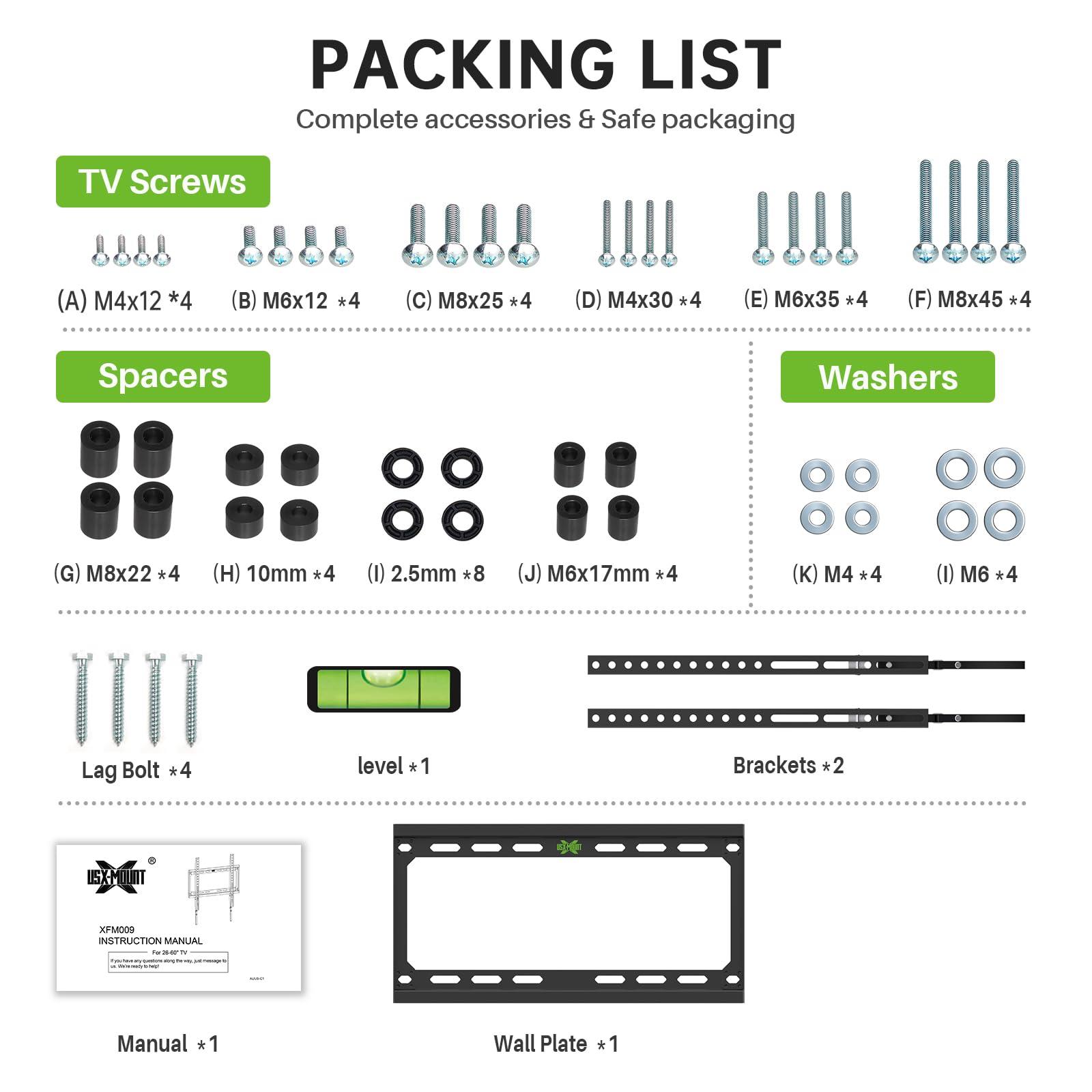 USX MOUNT USX MOUNT Fixed TV Wall Mount with Low Profile for Most 26-60 Inch LED, LCD and Flat Screen TVs, Wall Mount Bracket with VESA Up to 400x400mm and Weight Capacity 99lbs,and Space Saving TV Bracket