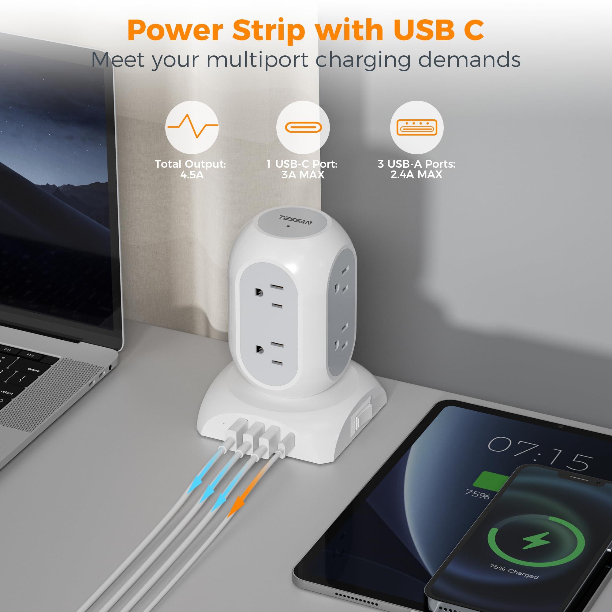 TESSAN Surge Protector Power Strip Tower, TESSAN Flat Plug Extension Cord 10 Ft with 8 AC Multiple Outlets 4 USB Ports (1 USB C), 1050J Protection Desk Charging Station for Home, Office Supplies, Dorm Room